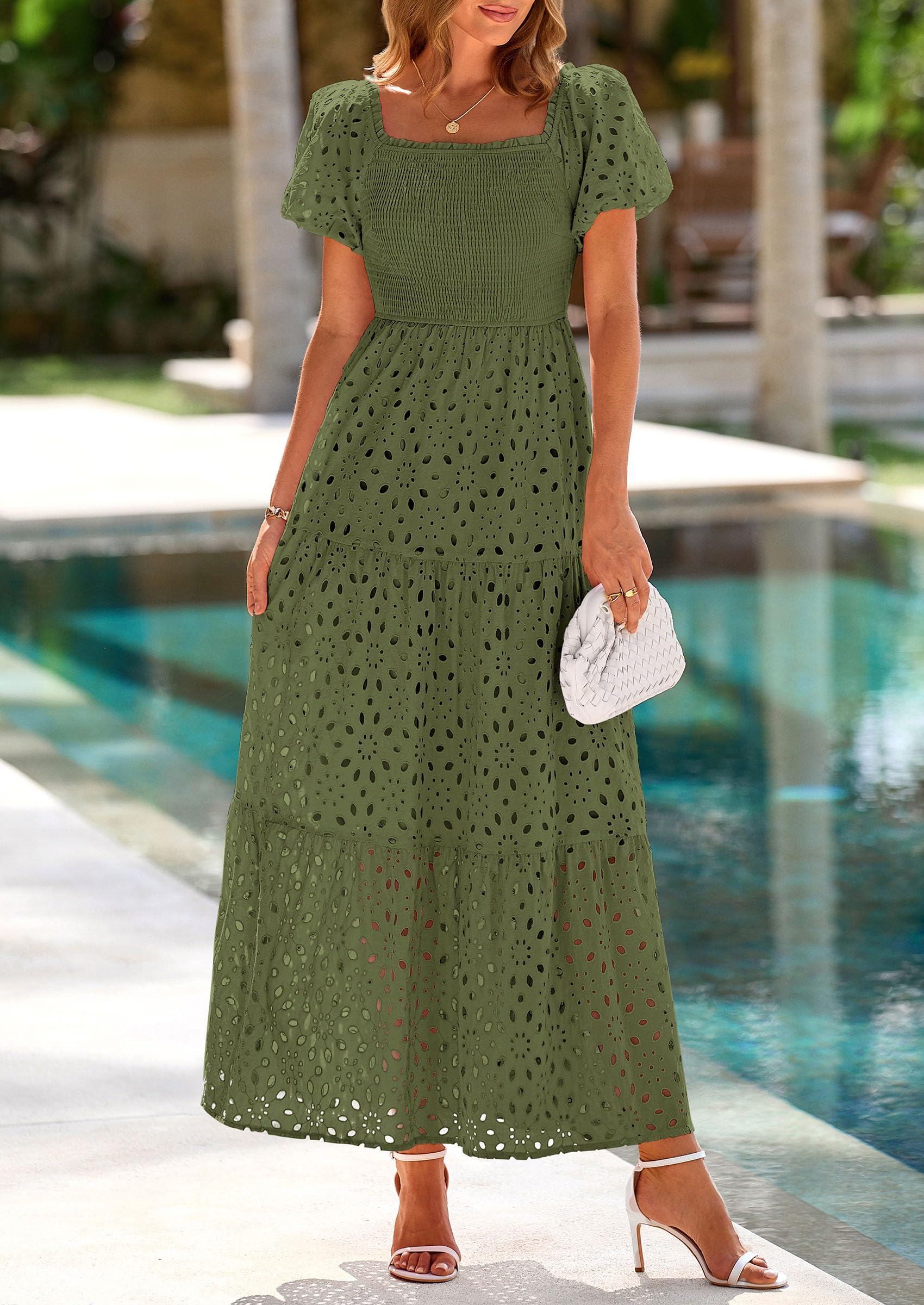 Foto 4 pulgar | Vestido De Verano Prettygarden 2025 Con Ojales Y Cuello Cuadrado Y Manga Abullonada - Venta Internacional.