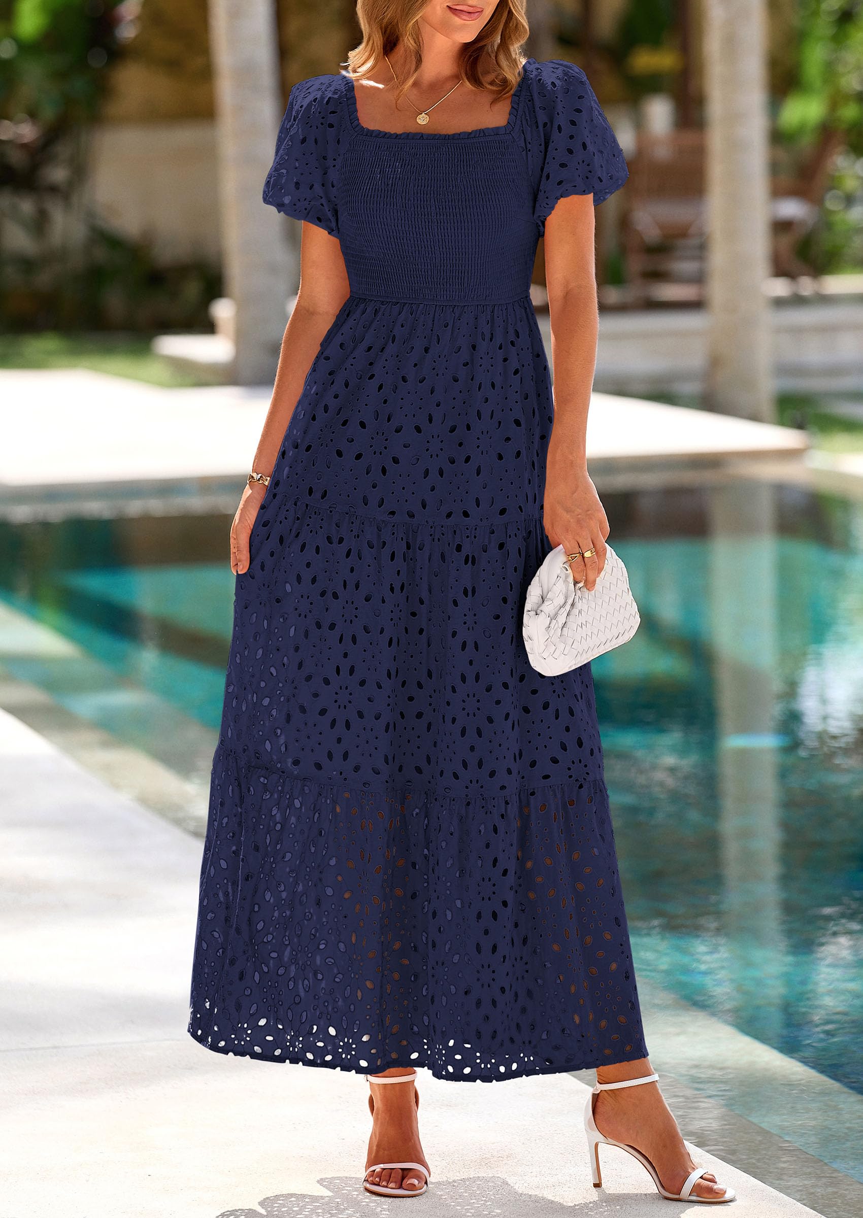Foto 4 pulgar | Vestido De Verano Prettygarden 2025 Con Ojales Y Cuello Cuadrado Y Manga Abullonada - Venta Internacional.