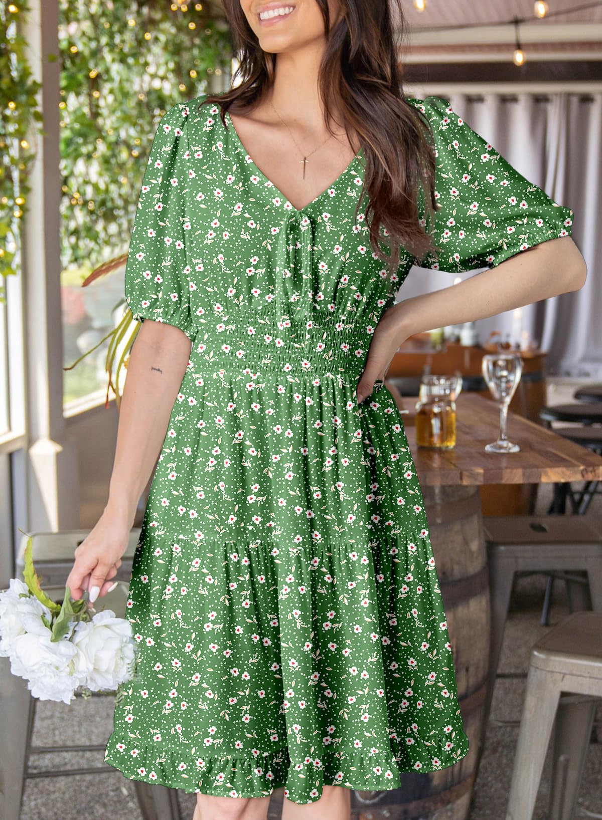 Foto 6 pulgar | Vestido Dokotoo Green Con Cuello En V Profundo Y Manga Abullonada Para Mujer - Venta Internacional.