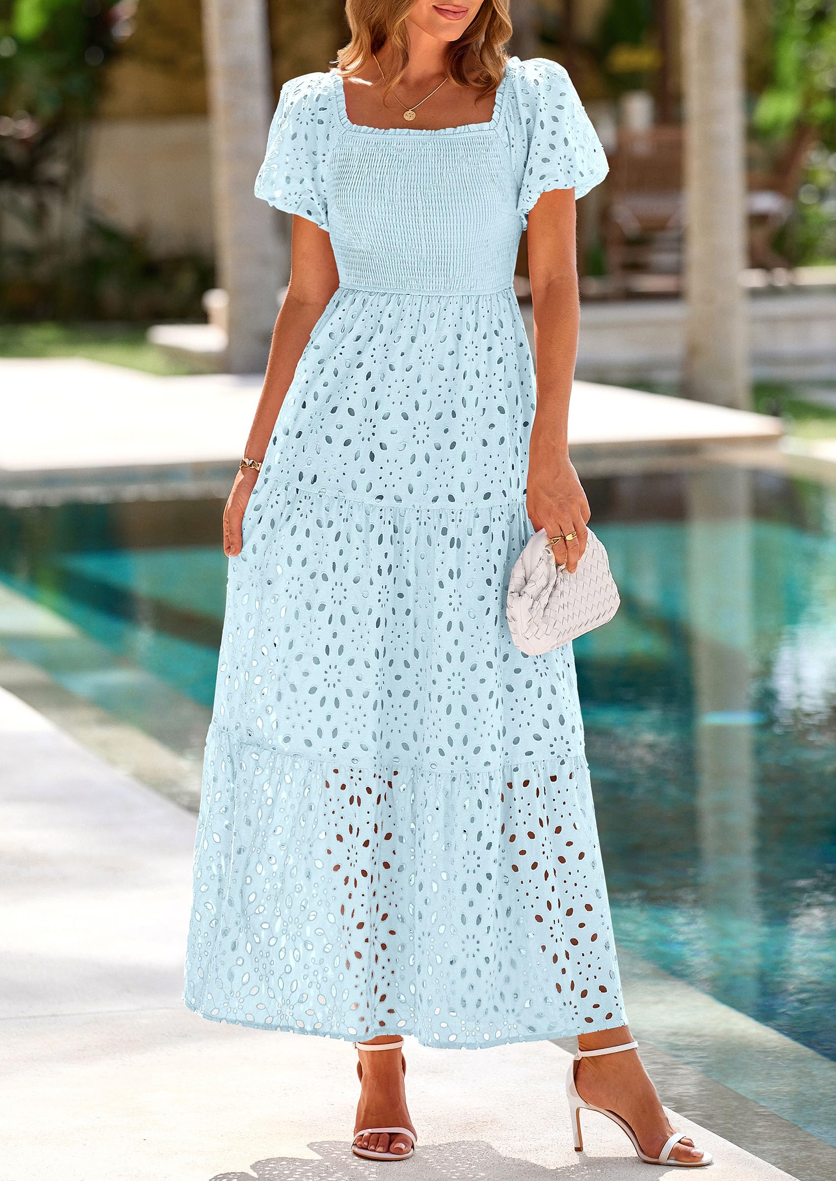 Foto 4 pulgar | Vestido De Verano Prettygarden 2025 Con Ojales Y Cuello Cuadrado Y Manga Abullonada - Venta Internacional.