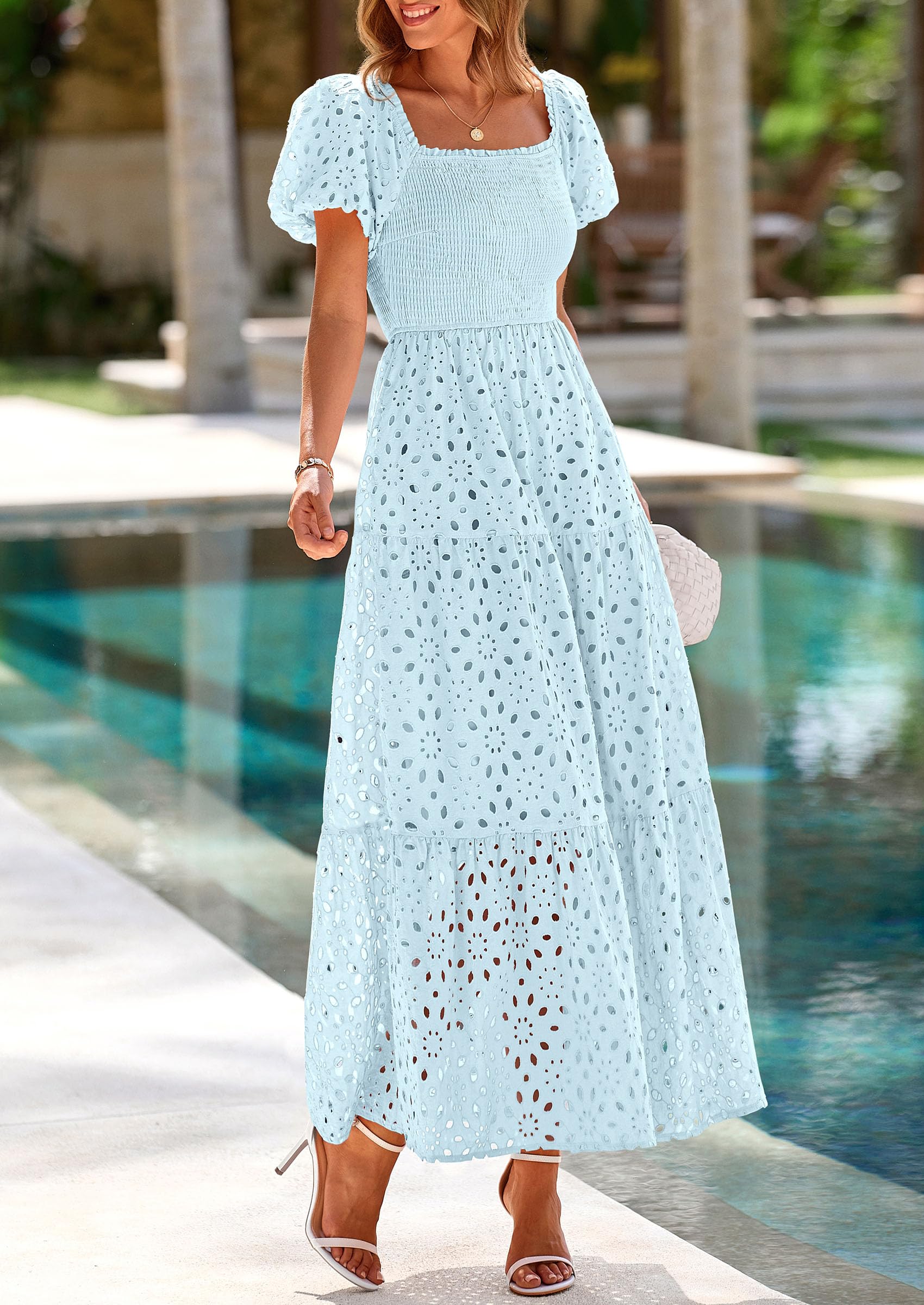 Foto 5 pulgar | Vestido De Verano Prettygarden 2025 Con Ojales Y Cuello Cuadrado Y Manga Abullonada - Venta Internacional.