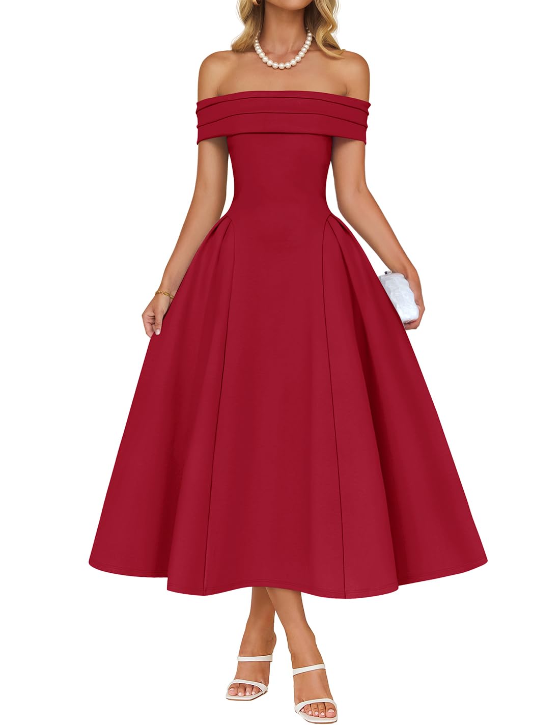 Foto 1 | Vestido De Cóctel Zesica Con Hombros Descubiertos Y Manga Corta Swing Red - Venta Internacional.