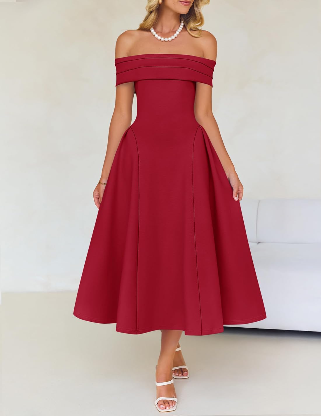 Foto 2 | Vestido De Cóctel Zesica Con Hombros Descubiertos Y Manga Corta Swing Red - Venta Internacional.