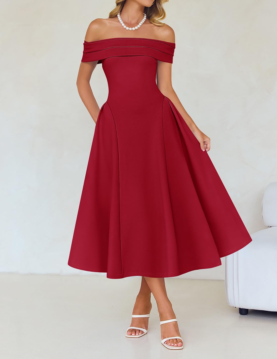 Foto 4 pulgar | Vestido De Cóctel Zesica Con Hombros Descubiertos Y Manga Corta Swing Red - Venta Internacional.