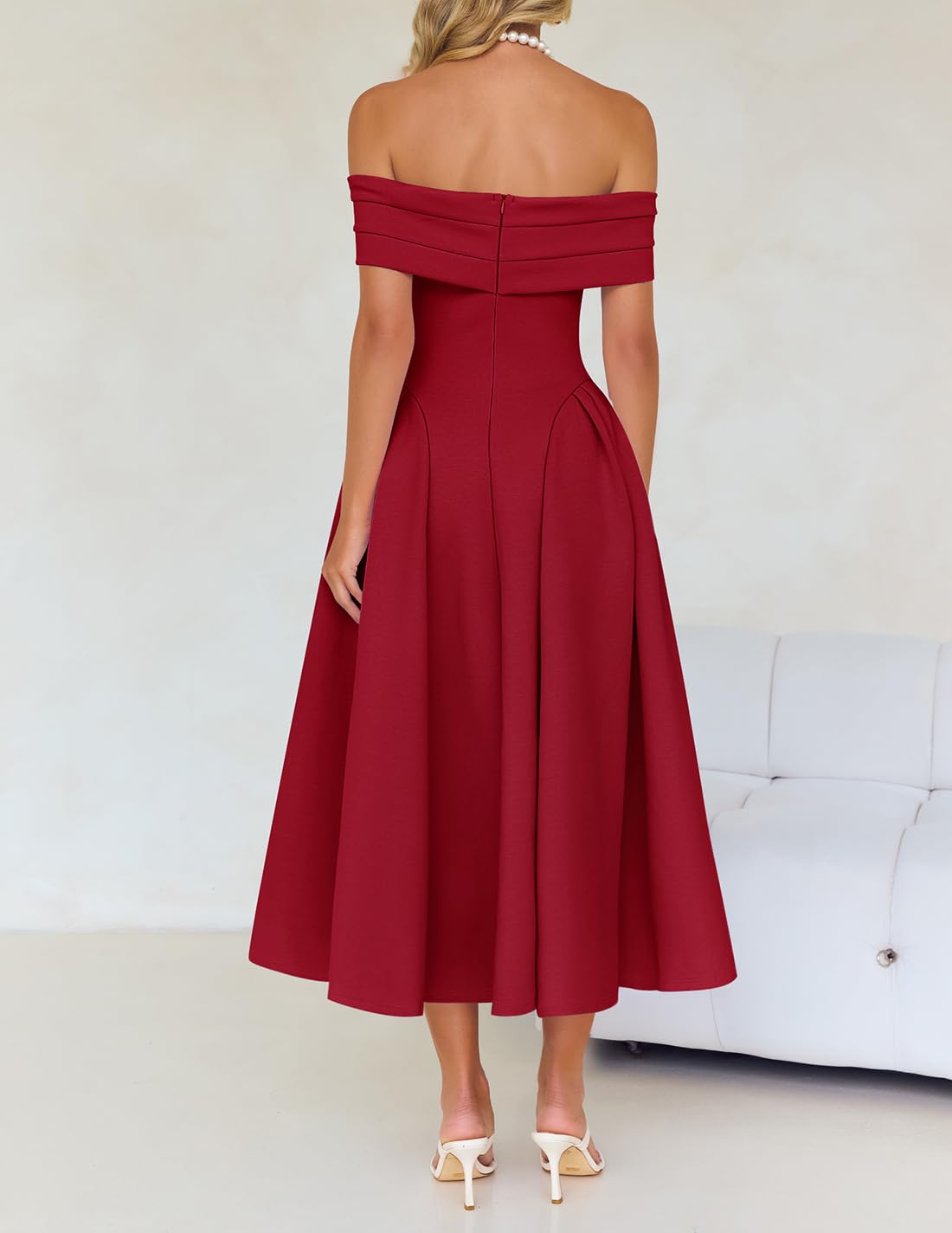 Foto 4 | Vestido De Cóctel Zesica Con Hombros Descubiertos Y Manga Corta Swing Red - Venta Internacional.