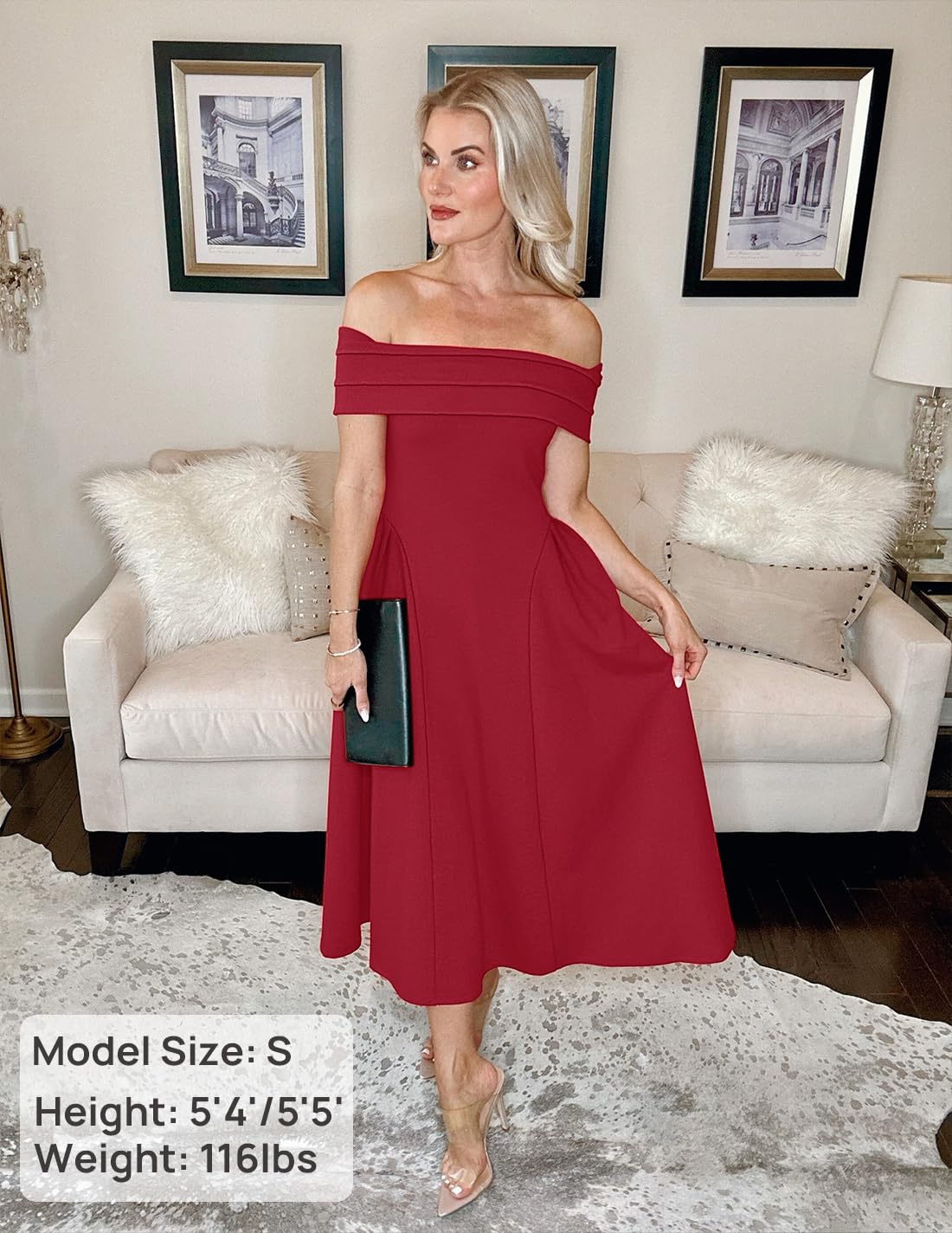 Foto 6 | Vestido De Cóctel Zesica Con Hombros Descubiertos Y Manga Corta Swing Red - Venta Internacional.