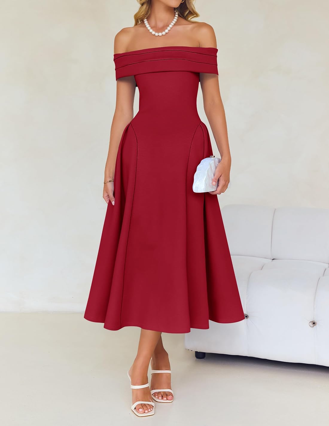 Foto 7 | Vestido De Cóctel Zesica Con Hombros Descubiertos Y Manga Corta Swing Red - Venta Internacional.