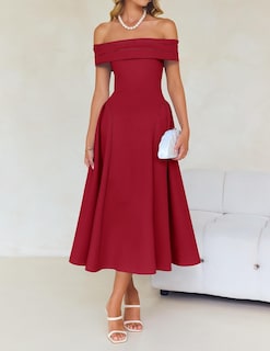 Foto 7 | Vestido De Cóctel Zesica Con Hombros Descubiertos Y Manga Corta Swing Red - Venta Internacional.