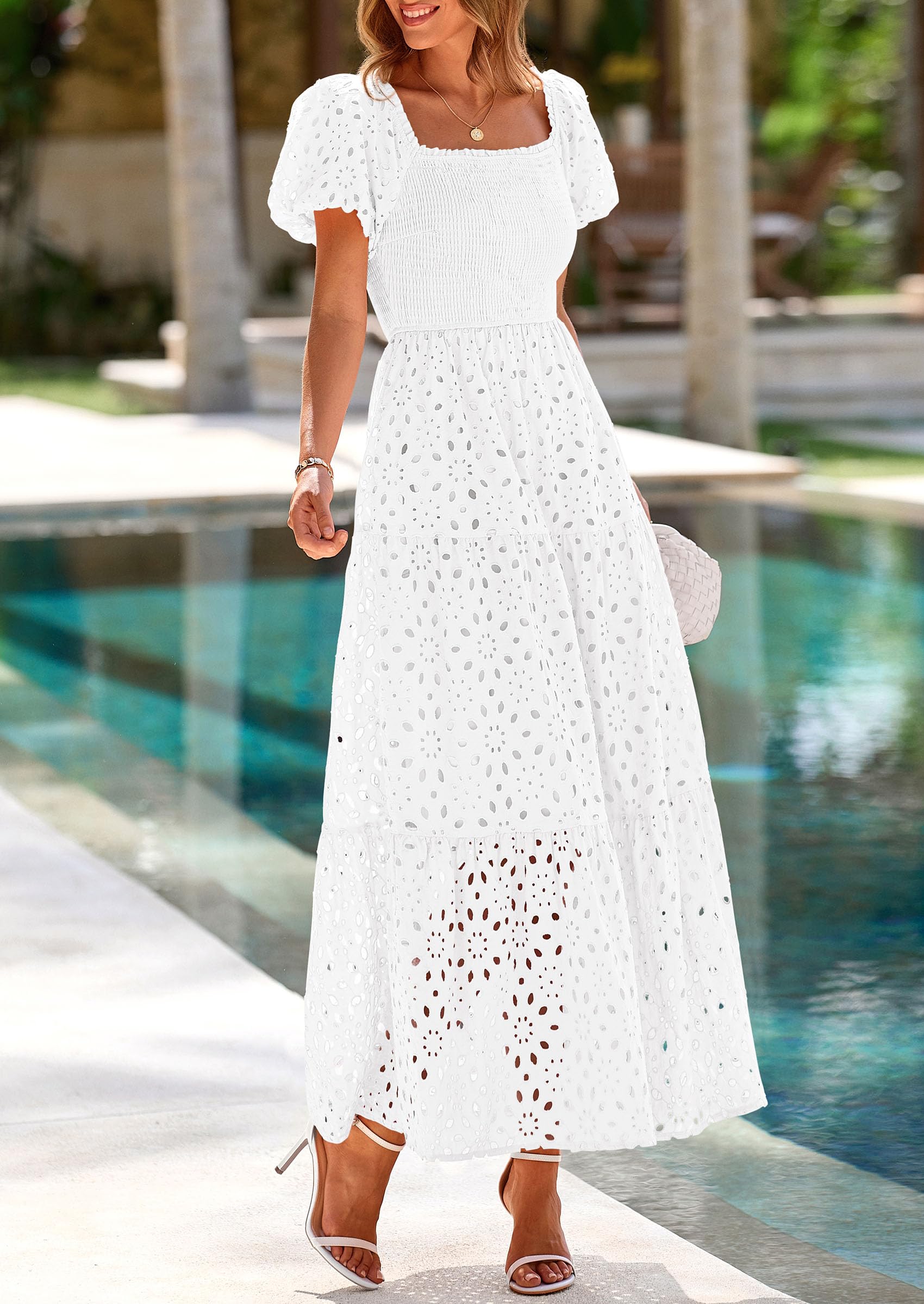 Foto 5 pulgar | Vestido Prettygarden Verano 2025 Con Ojales, Cuello Cuadrado, Manga Abullonada - Venta Internacional.