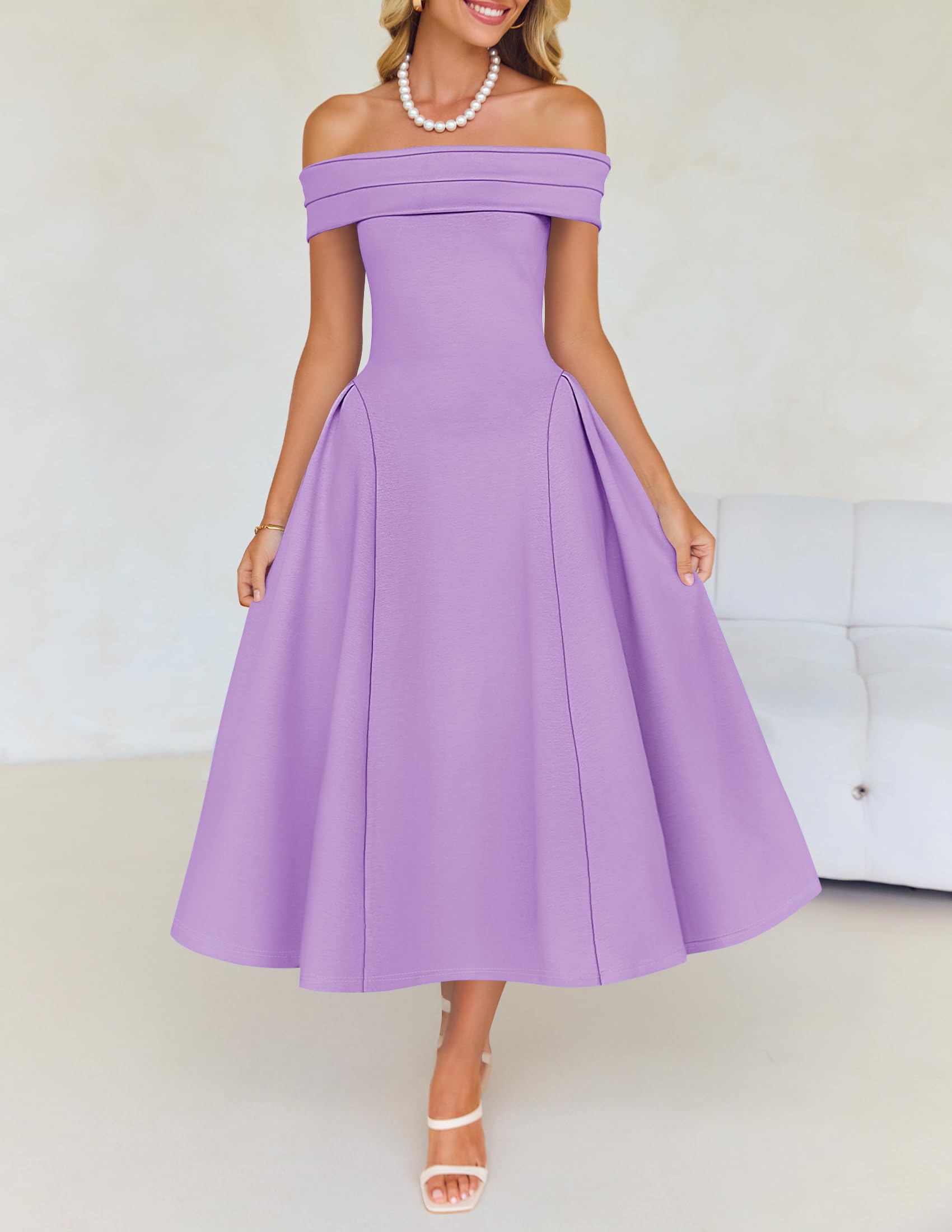 Foto 2 | Vestido De Cóctel Zesica Con Hombros Descubiertos Y Manga Corta Morado - Venta Internacional.