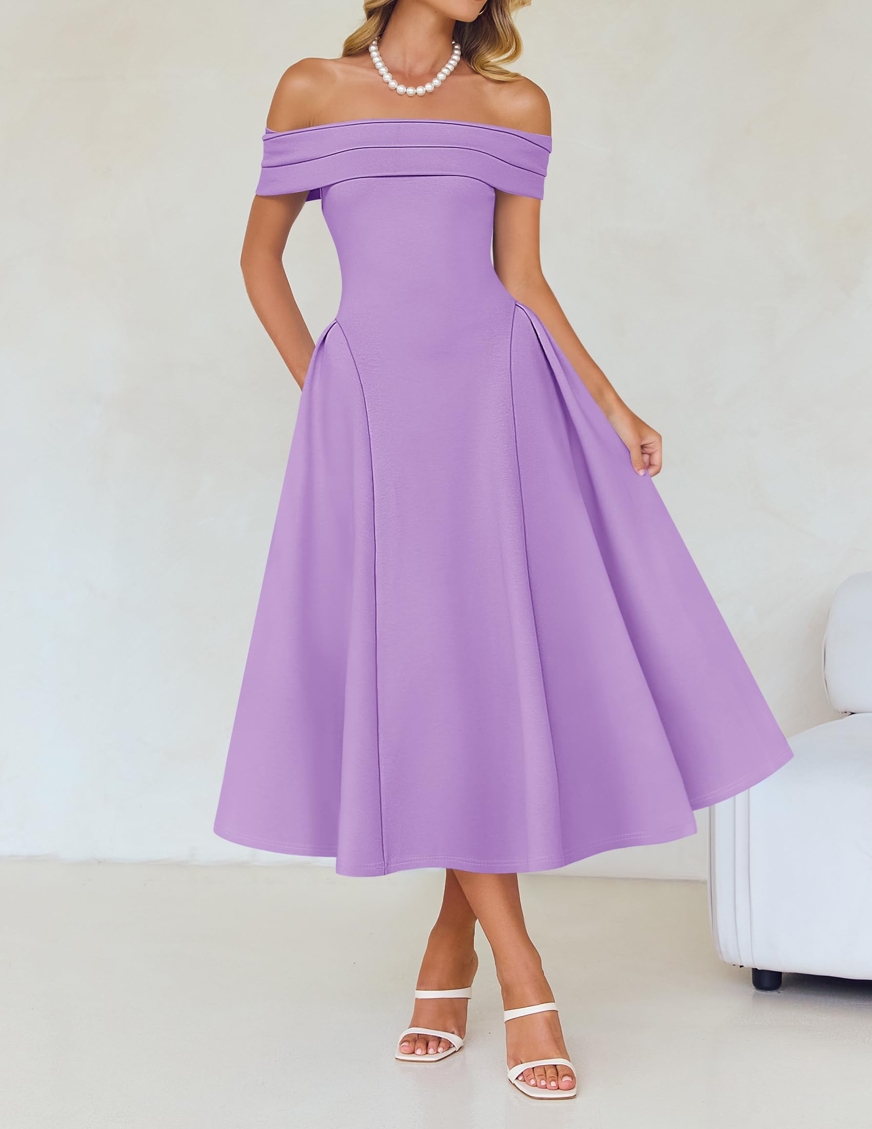 Foto 4 pulgar | Vestido De Cóctel Zesica Con Hombros Descubiertos Y Manga Corta Morado - Venta Internacional.