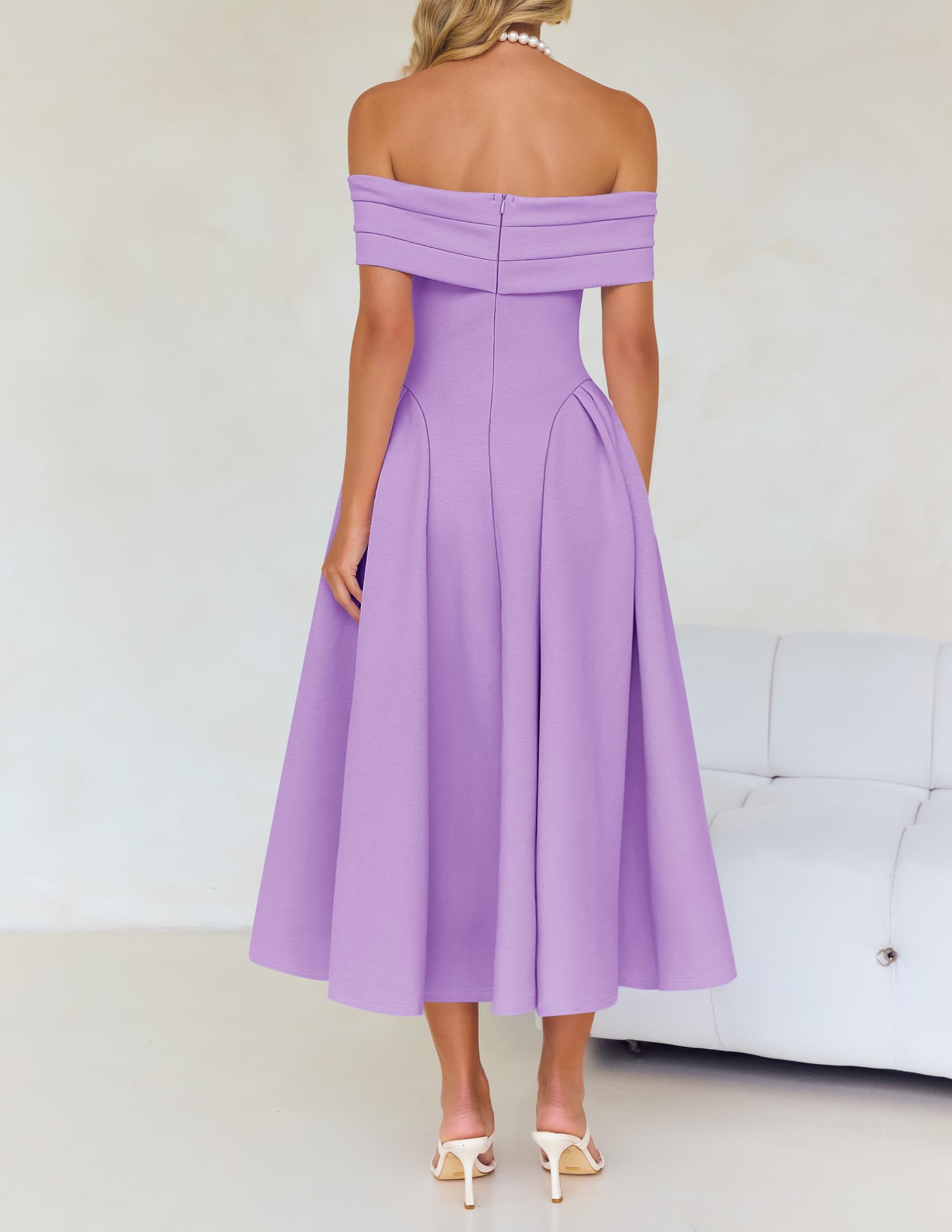Foto 5 pulgar | Vestido De Cóctel Zesica Con Hombros Descubiertos Y Manga Corta Morado - Venta Internacional.