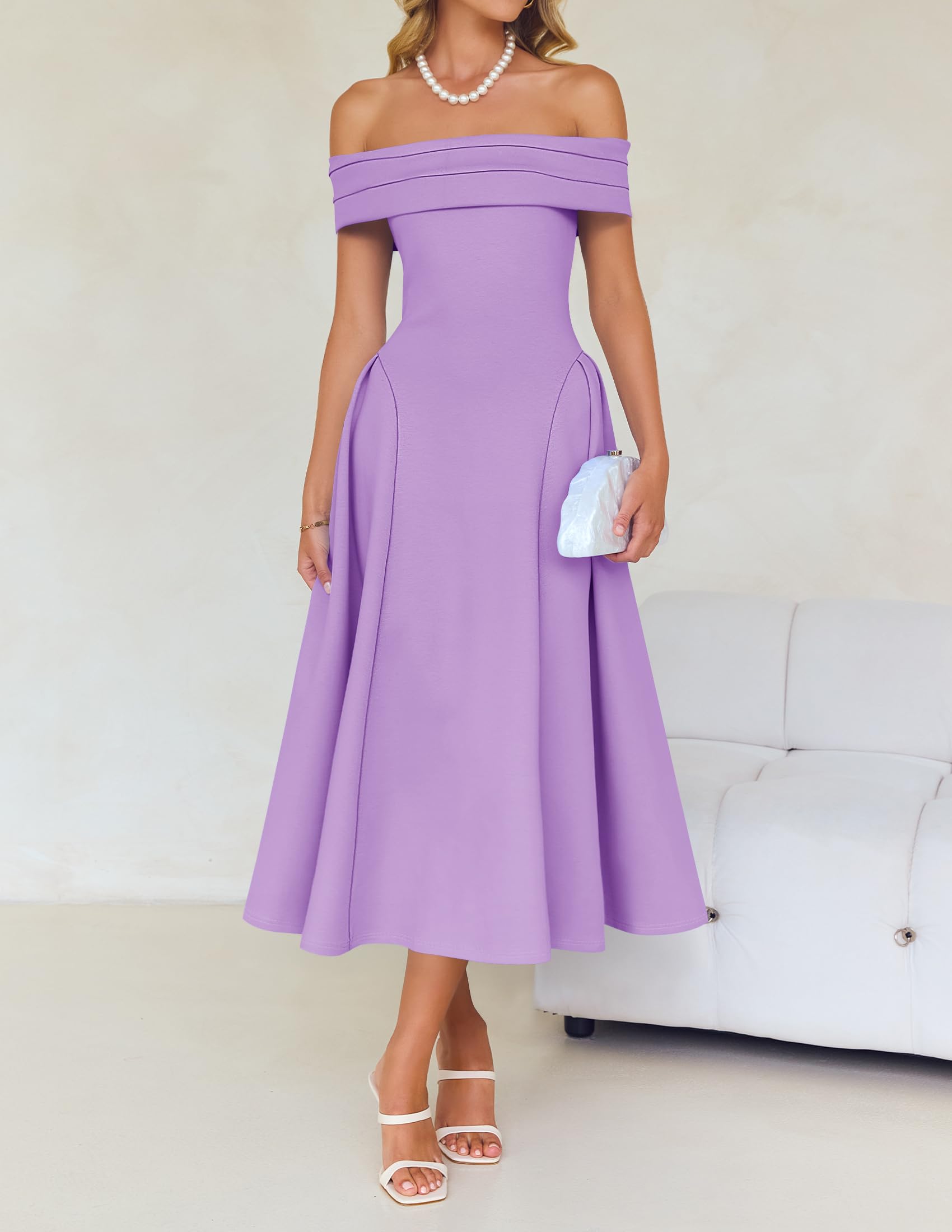 Foto 7 pulgar | Vestido De Cóctel Zesica Con Hombros Descubiertos Y Manga Corta Morado - Venta Internacional.