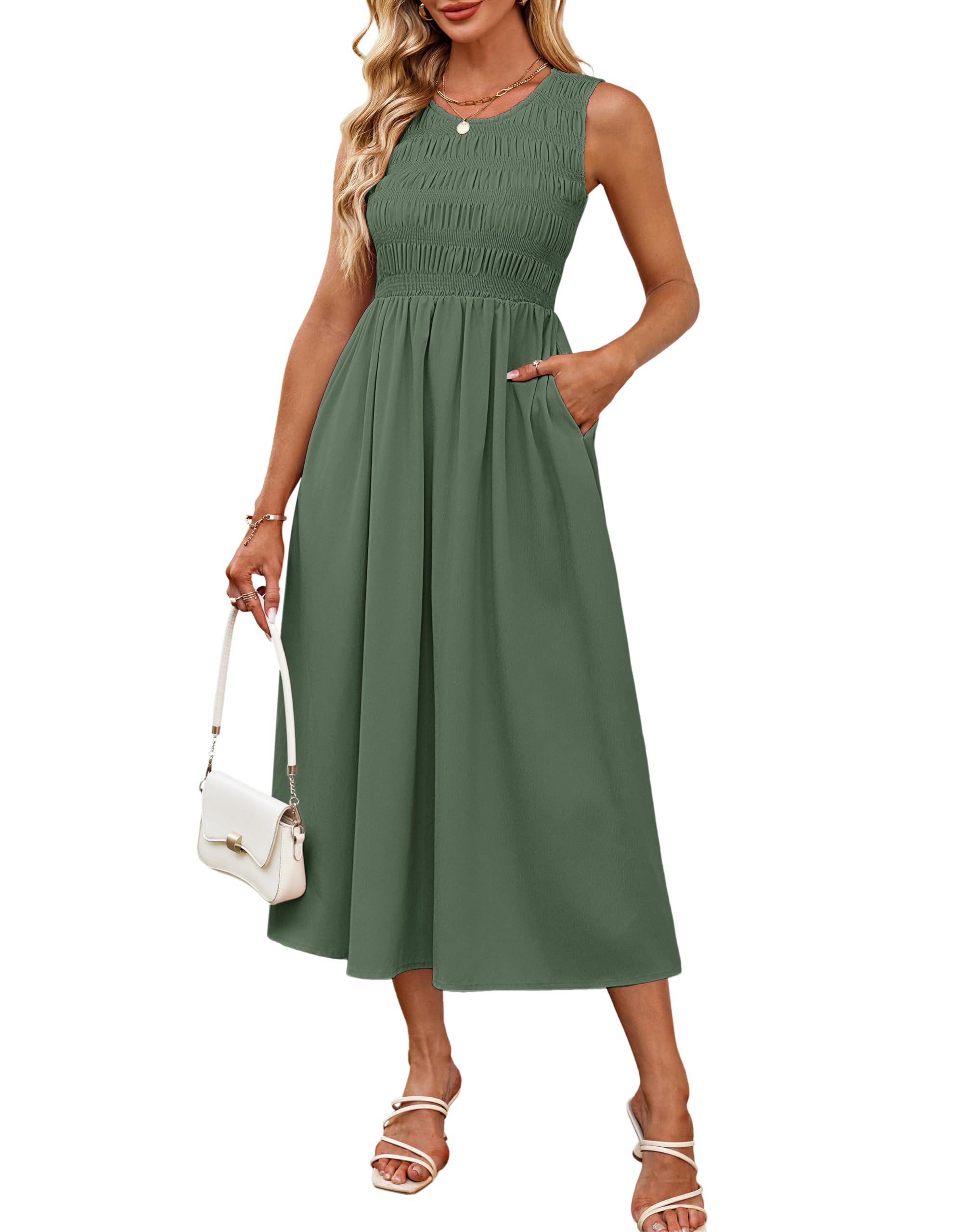 Vestido Sin Mangas Grace Karin Sin Mangas, Línea A, Maxi Verde Fruncido - Venta Internacional.
