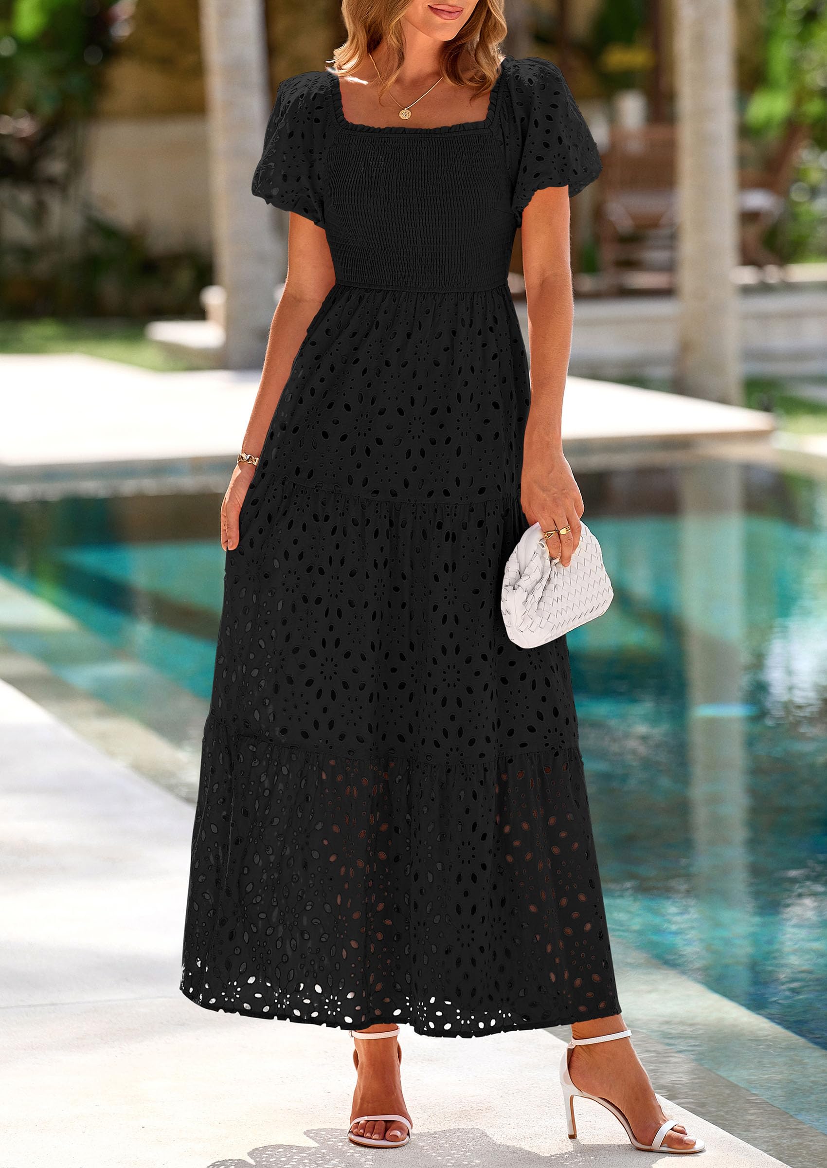 Foto 4 pulgar | Vestido De Verano Prettygarden 2025 Con Ojales Y Cuello Cuadrado Y Manga Abullonada - Venta Internacional.