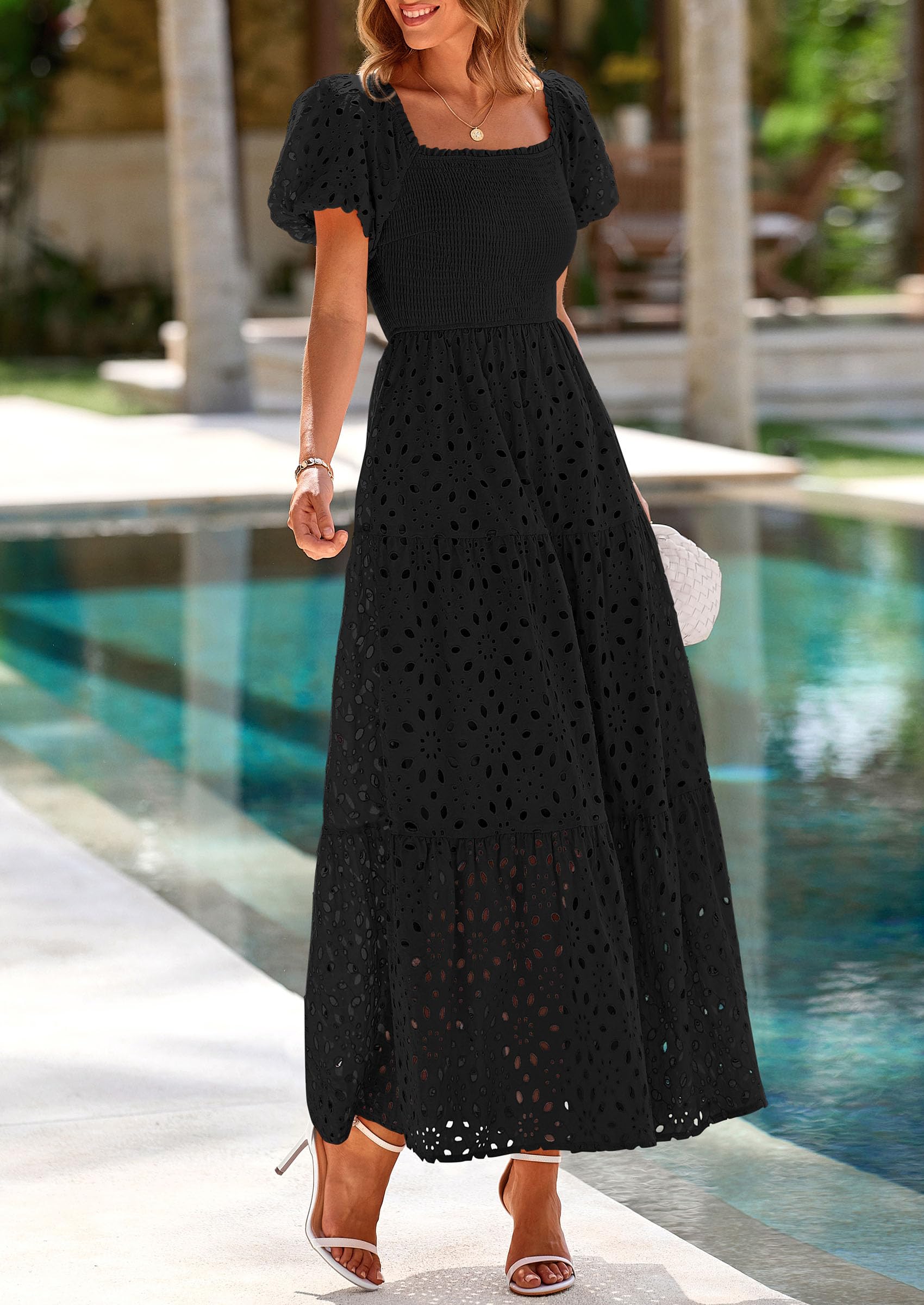 Foto 5 pulgar | Vestido De Verano Prettygarden 2025 Con Ojales Y Cuello Cuadrado Y Manga Abullonada - Venta Internacional.
