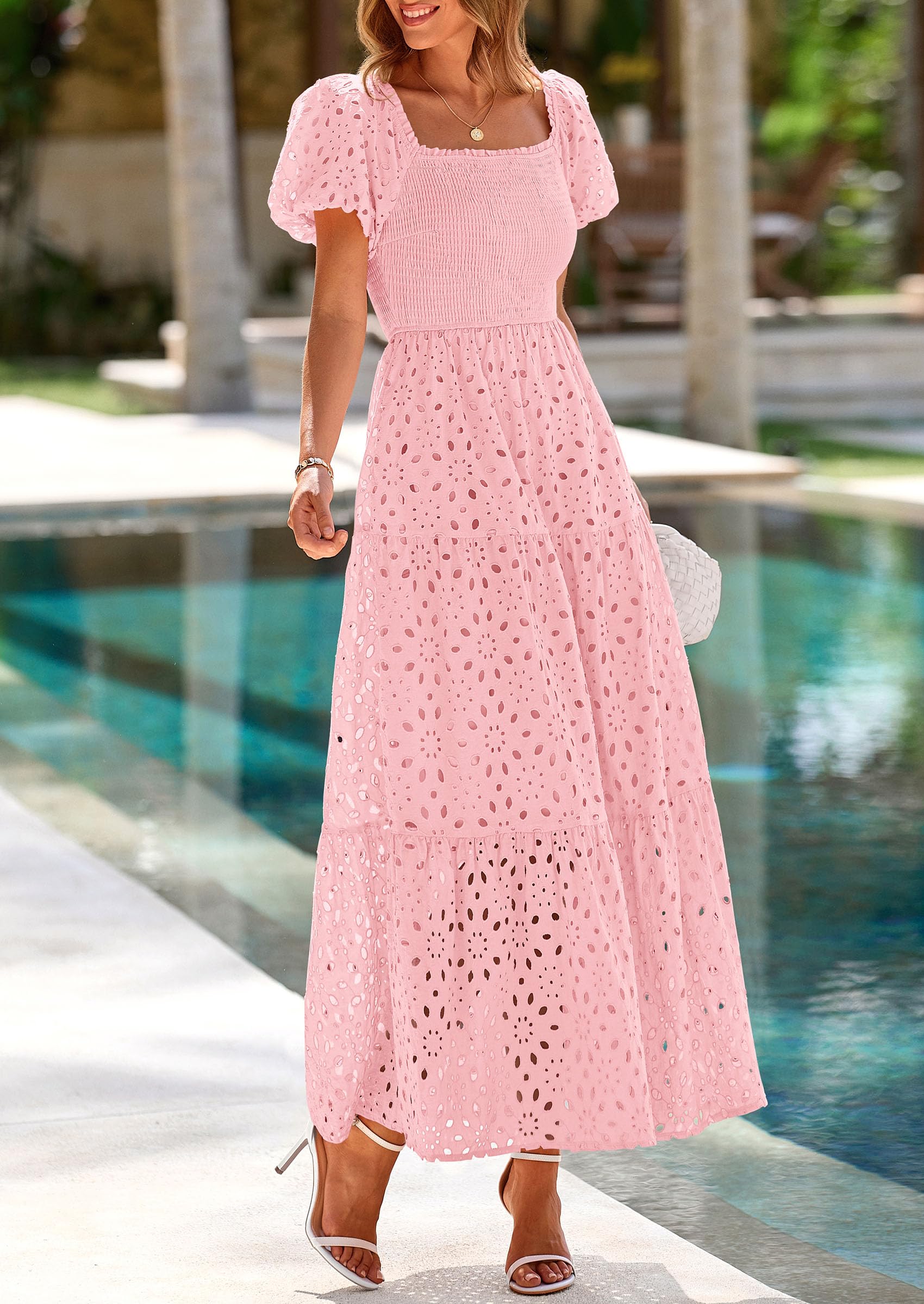 Foto 4 | Vestido De Verano Prettygarden 2025 Con Ojales Y Cuello Cuadrado Y Manga Abullonada - Venta Internacional.