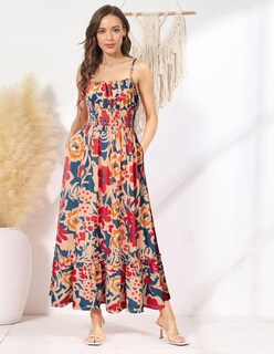Foto 2 | Vestido Grace Karin Boho 2025 Sin Mangas Con Estampado Floral Maxi Azul Marino - Venta Internacional.