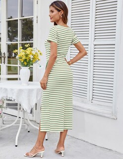 Foto 4 | Vestido Ajustado A Media Pierna Grace Karin, Manga Corta, Cuello Cuadrado, Verde - Venta Internacional.