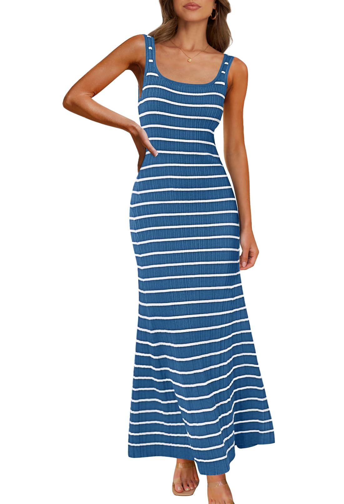 Vestido Largo Merokeety 2025 A Rayas Sin Mangas Con Cuello Cuadrado - Venta Internacional.