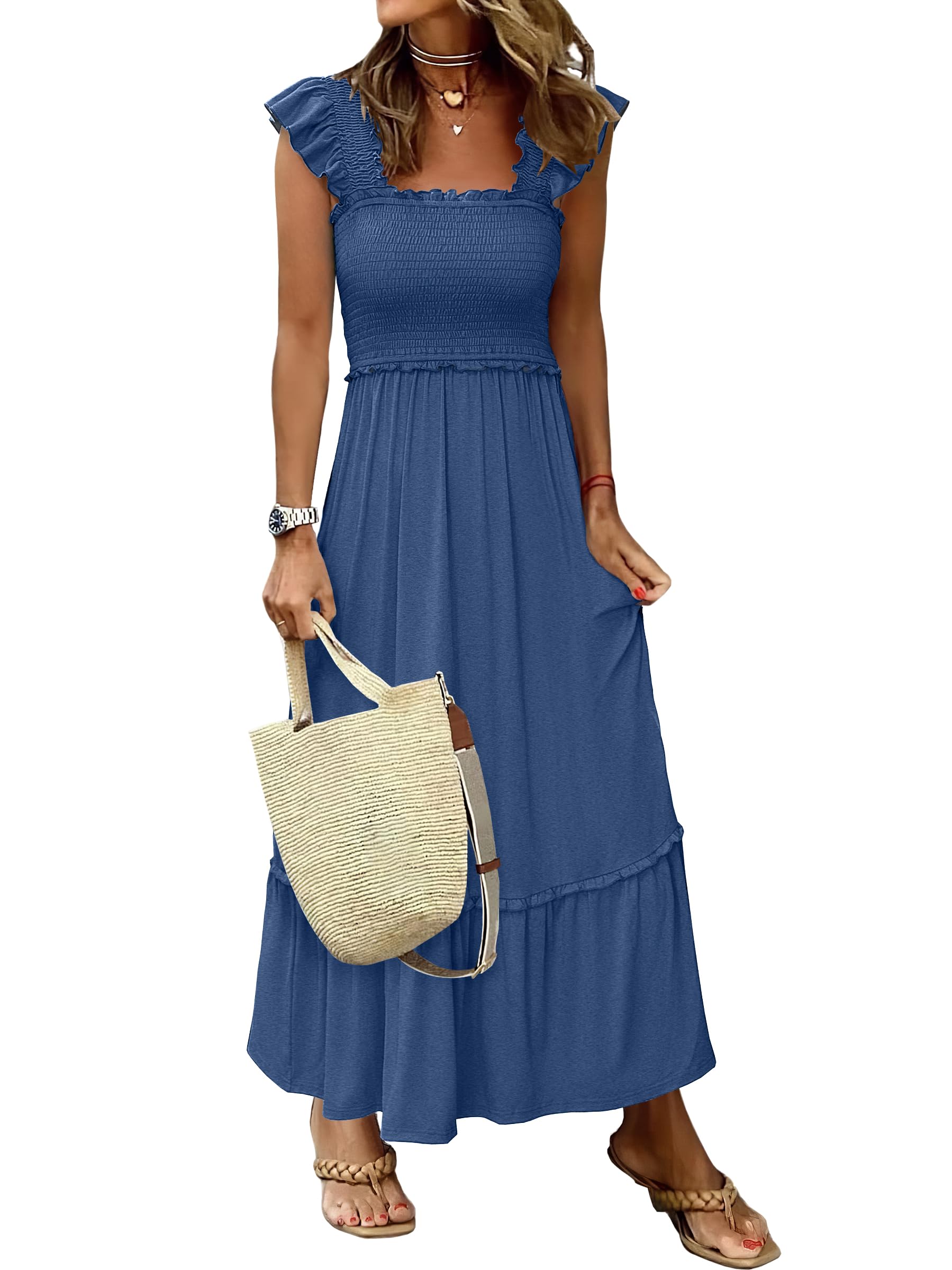 Foto 2 pulgar | Vestido Largo Anrabess Sin Mangas Con Cuello Cuadrado Azul Para Mujer - Venta Internacional.