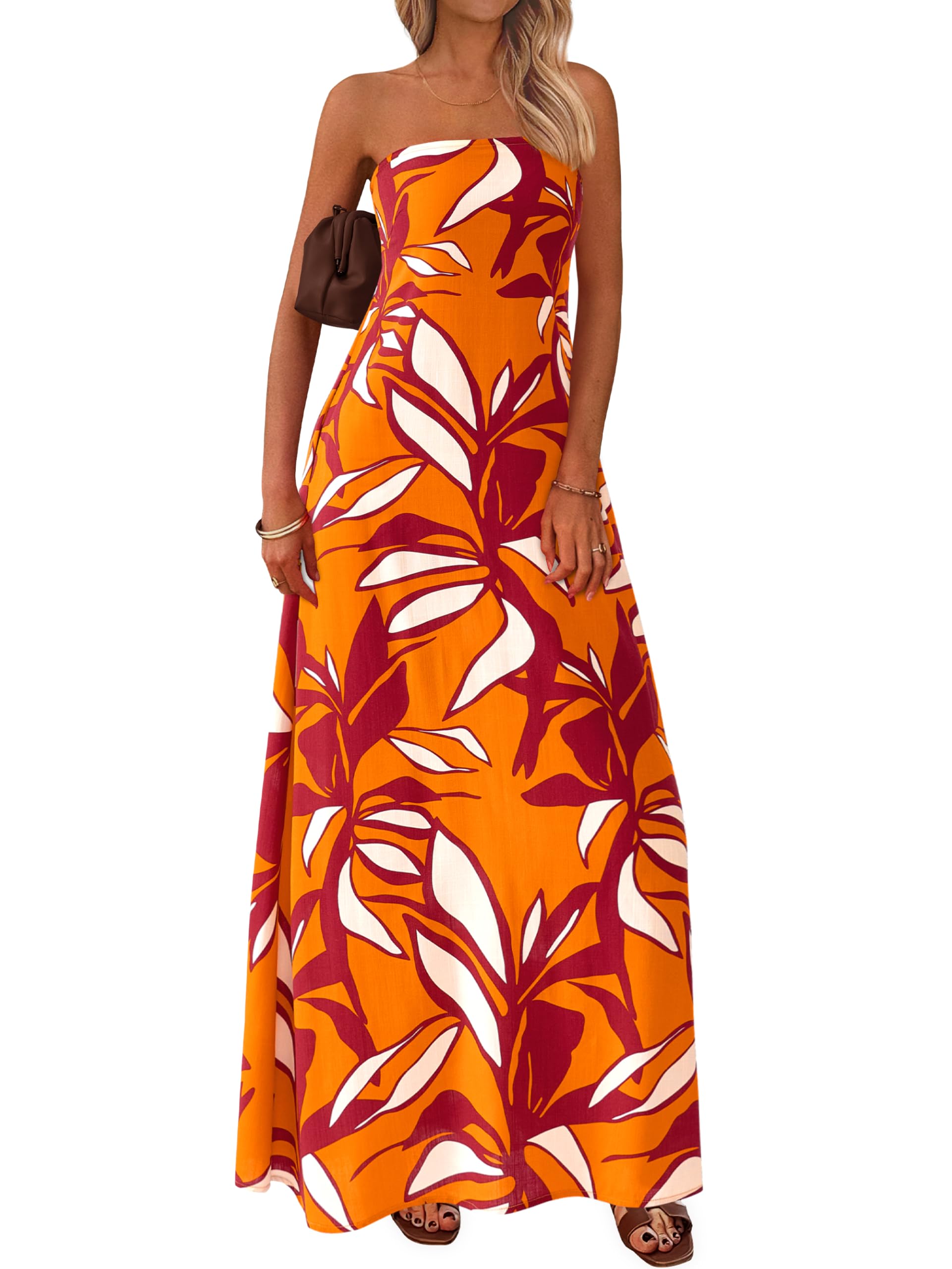 Foto 2 pulgar | Vestido Largo Mascomoda Summer Boho Floral Tube Top Naranja S - Venta Internacional.