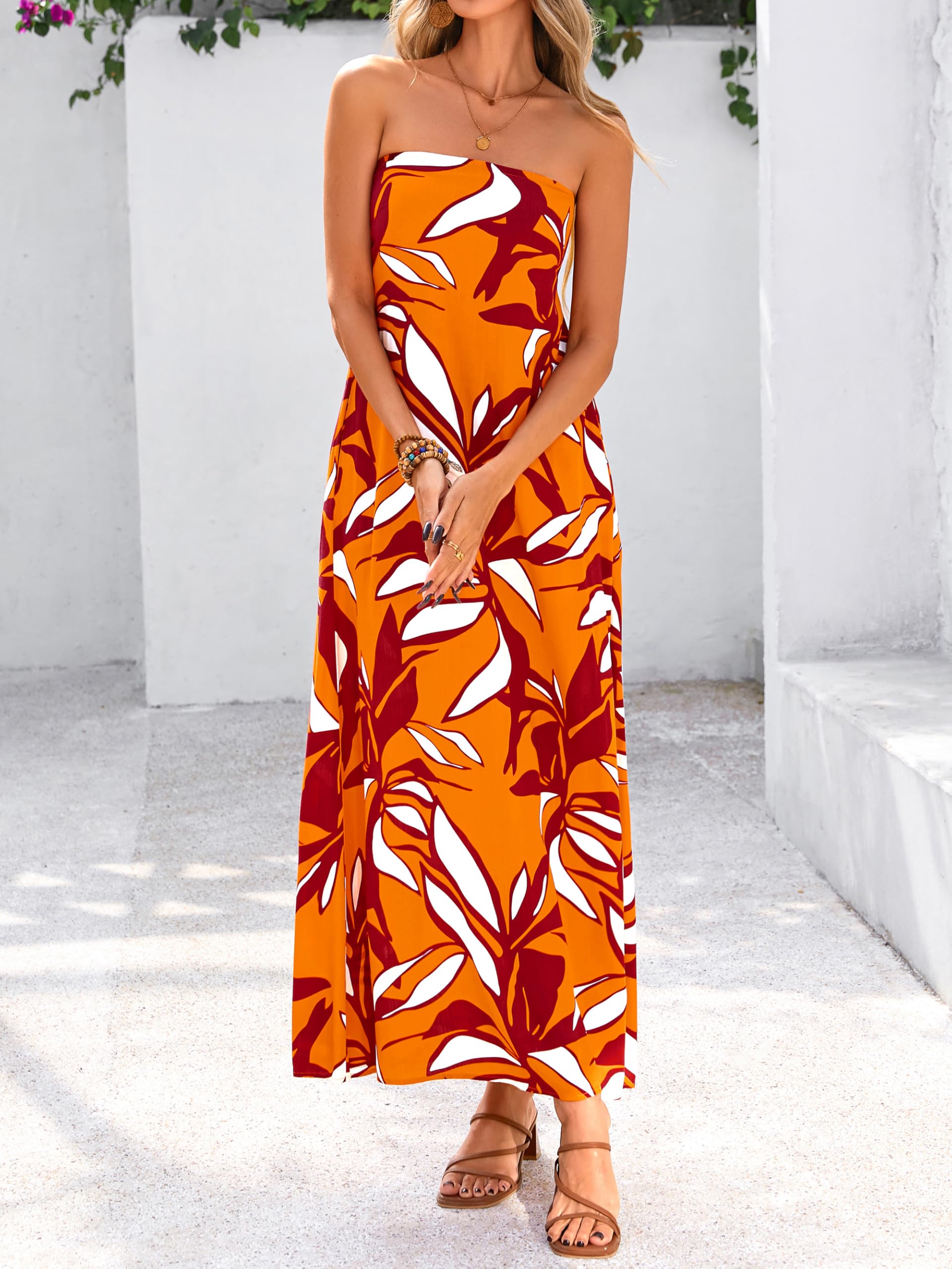 Foto 4 pulgar | Vestido Largo Mascomoda Summer Boho Floral Tube Top Naranja S - Venta Internacional.