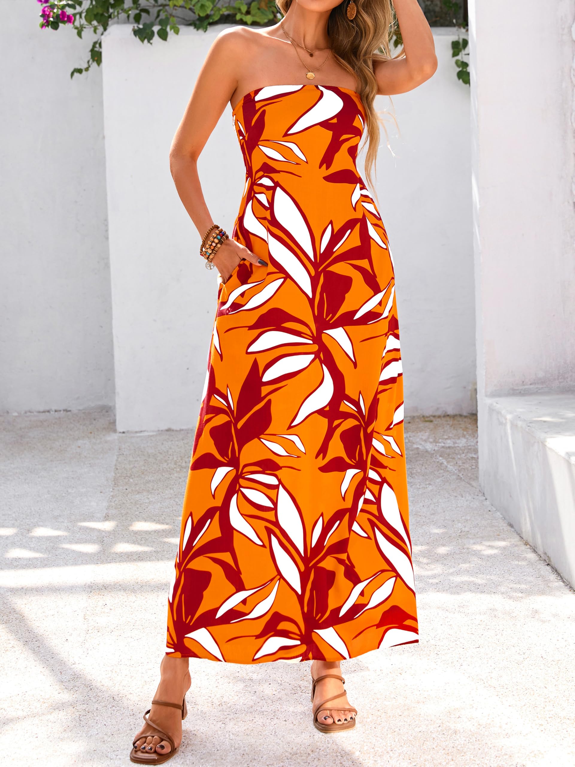 Foto 5 pulgar | Vestido Largo Mascomoda Summer Boho Floral Tube Top Naranja S - Venta Internacional.