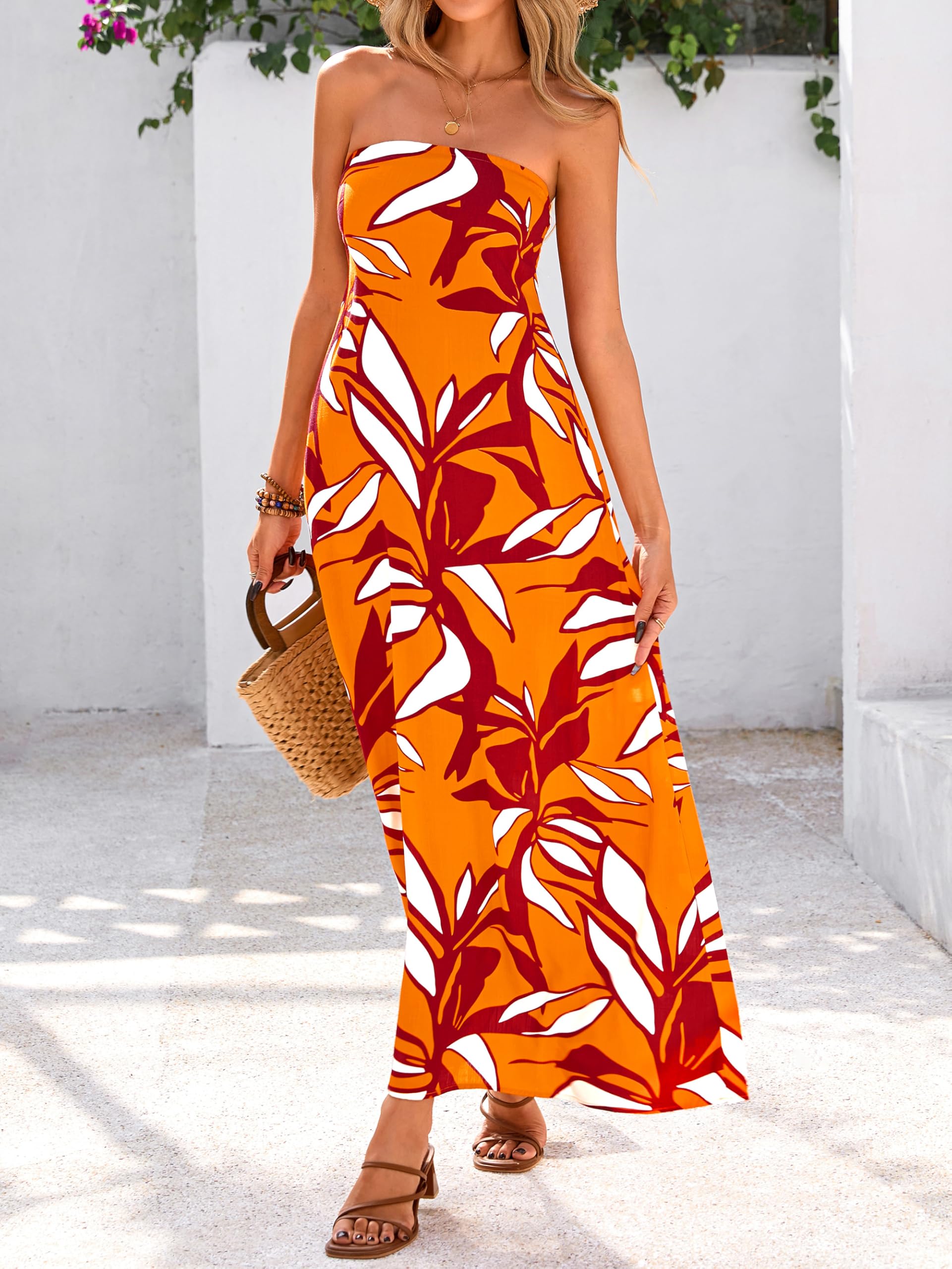 Foto 6 pulgar | Vestido Largo Mascomoda Summer Boho Floral Tube Top Naranja S - Venta Internacional.