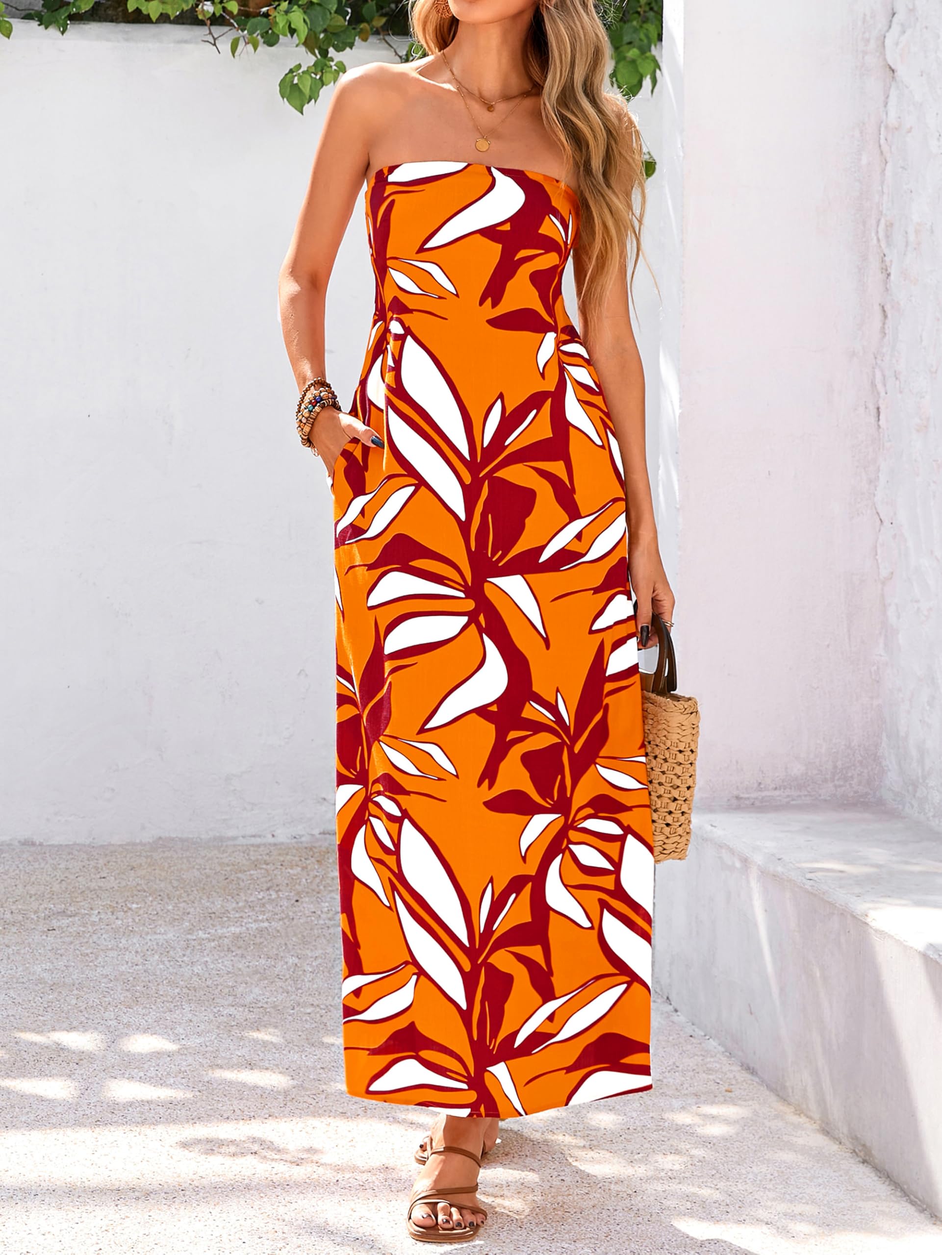 Foto 8 pulgar | Vestido Largo Mascomoda Summer Boho Floral Tube Top Naranja S - Venta Internacional.