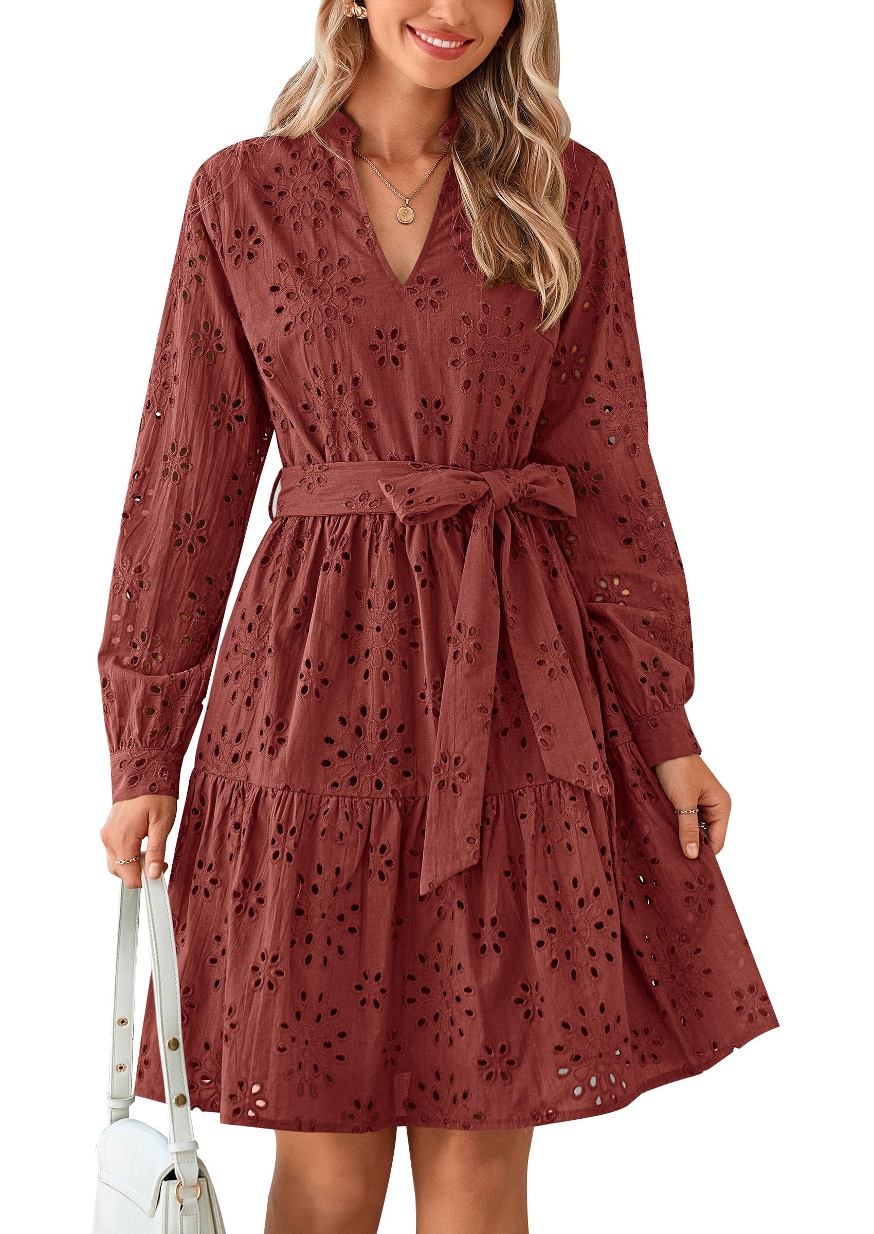 Vestido Prettygarden Para Mujer, Manga Larga, Cuello En V, Línea A, Marrón Y Rojo - Venta Internacional.