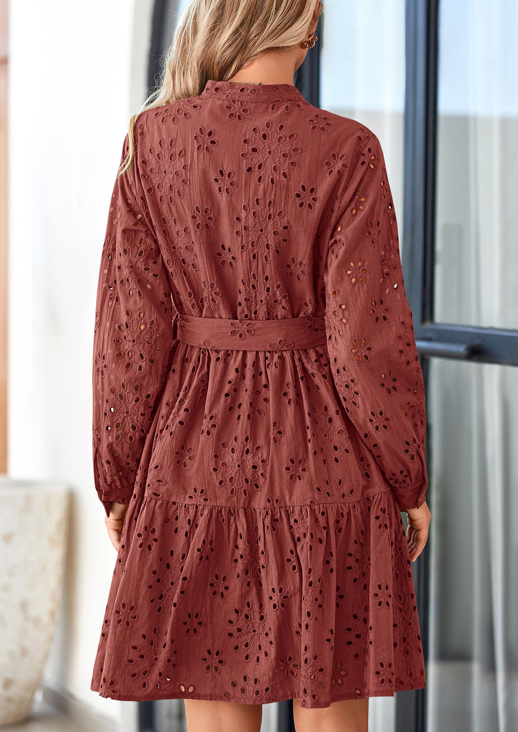Foto 2 | Vestido Prettygarden Para Mujer, Manga Larga, Cuello En V, Línea A, Marrón Y Rojo - Venta Internacional.