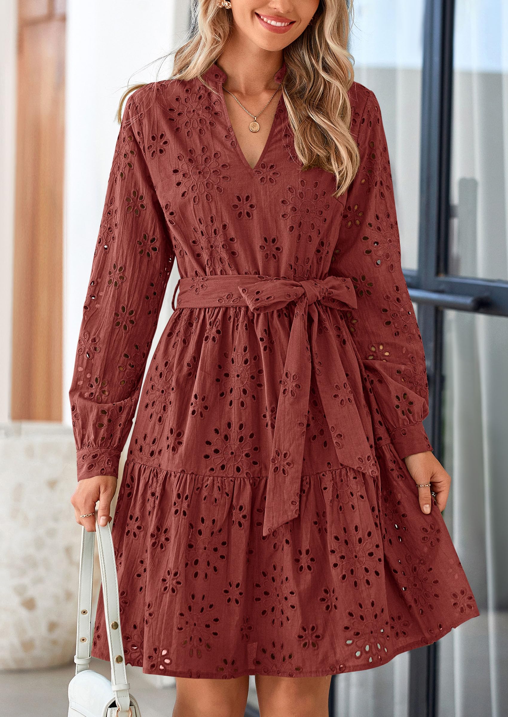 Foto 4 pulgar | Vestido Prettygarden Para Mujer, Manga Larga, Cuello En V, Línea A, Marrón Y Rojo - Venta Internacional.