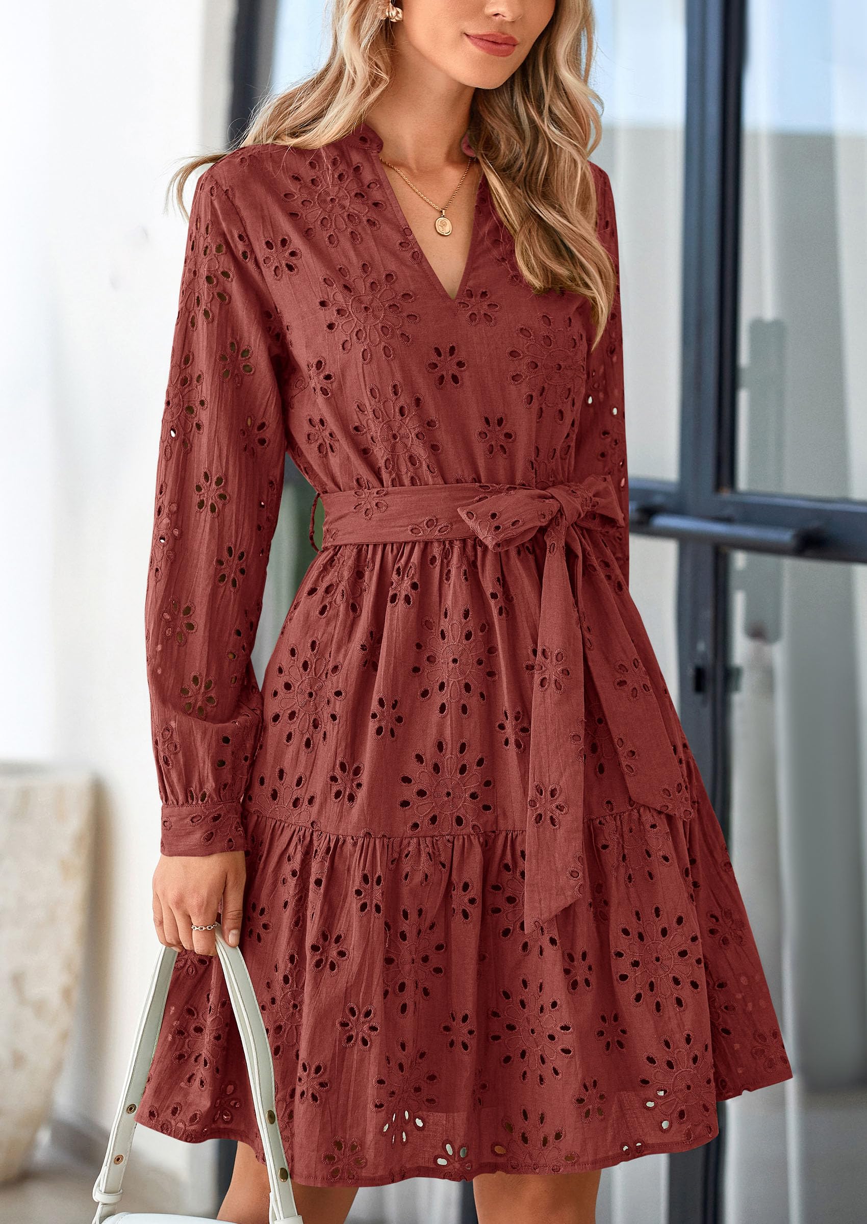Foto 6 pulgar | Vestido Prettygarden Para Mujer, Manga Larga, Cuello En V, Línea A, Marrón Y Rojo - Venta Internacional.