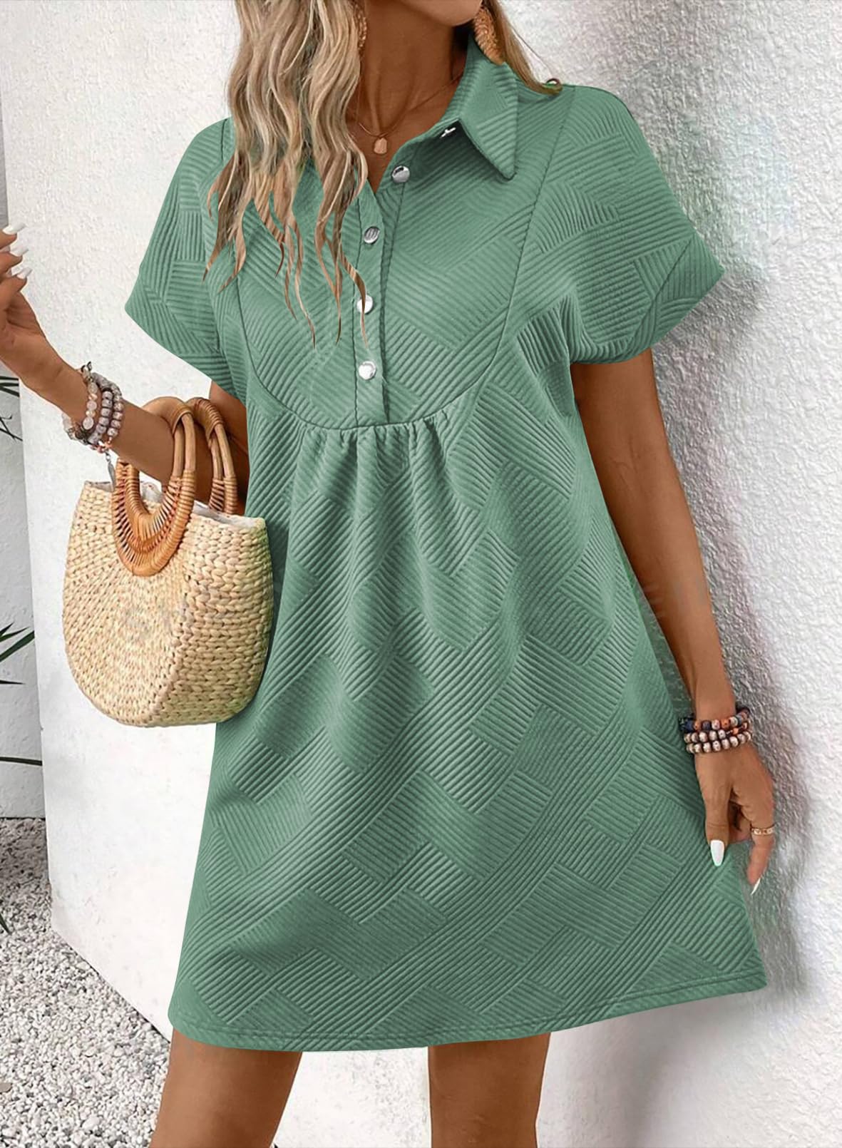 Foto 2 | Vestido Acelit Primavera-verano Con Cuello De Solapa Para Mujer, Verde, Talla M - Venta Internacional.