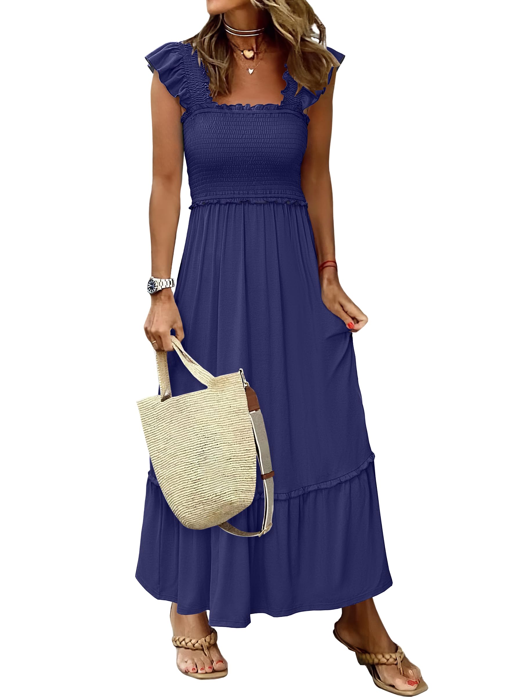 Foto 2 pulgar | Vestido Largo Anrabess Sin Mangas Con Cuello Cuadrado Azul Marino Para Mujer - Venta Internacional.