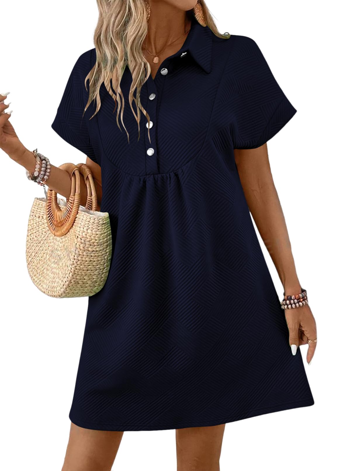 Foto 2 pulgar | Vestido Acelit Primavera-verano Con Cuello De Solapa Para Mujer, Azul Marino - Venta Internacional.