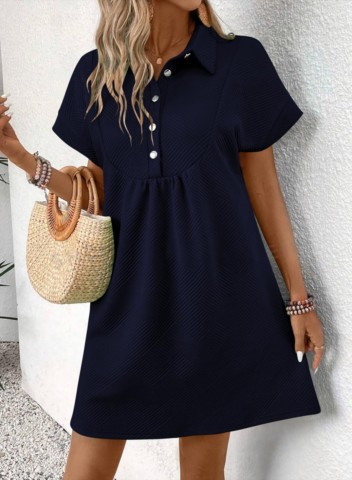 Foto 3 pulgar | Vestido Acelit Primavera-verano Con Cuello De Solapa Para Mujer, Azul Marino - Venta Internacional.