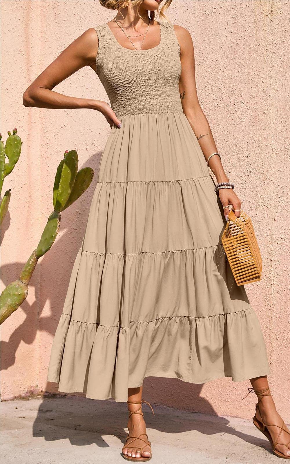 Foto 2 | Vestido Largo De Verano Prettygarden Para Mujer, Sin Mangas, Color Albaricoque - Venta Internacional.