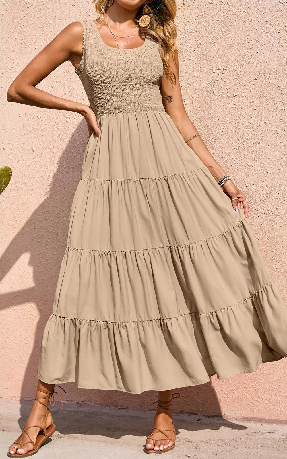 Foto 5 pulgar | Vestido Largo De Verano Prettygarden Para Mujer, Sin Mangas, Color Albaricoque - Venta Internacional.