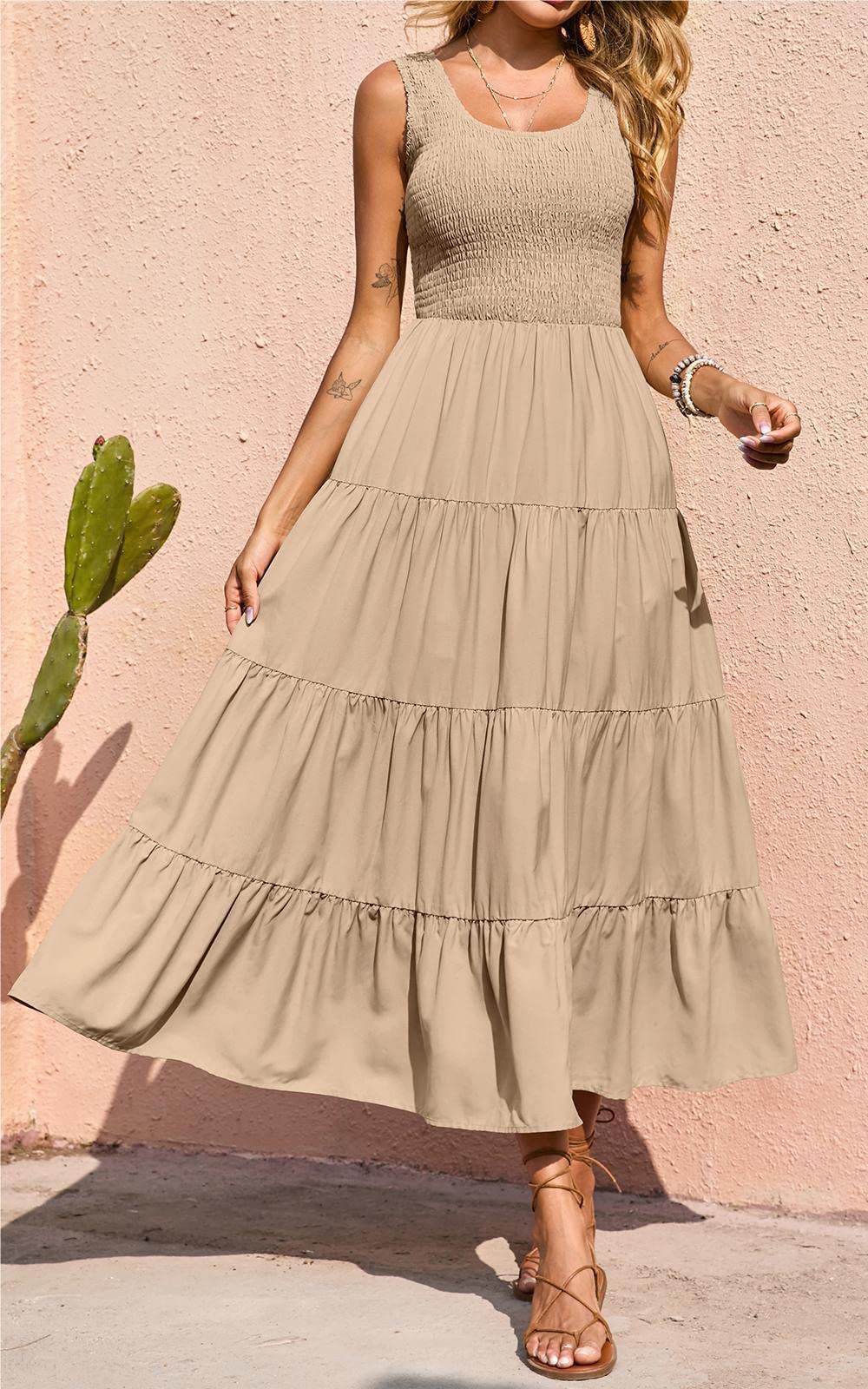 Foto 6 pulgar | Vestido Largo De Verano Prettygarden Para Mujer, Sin Mangas, Color Albaricoque - Venta Internacional.