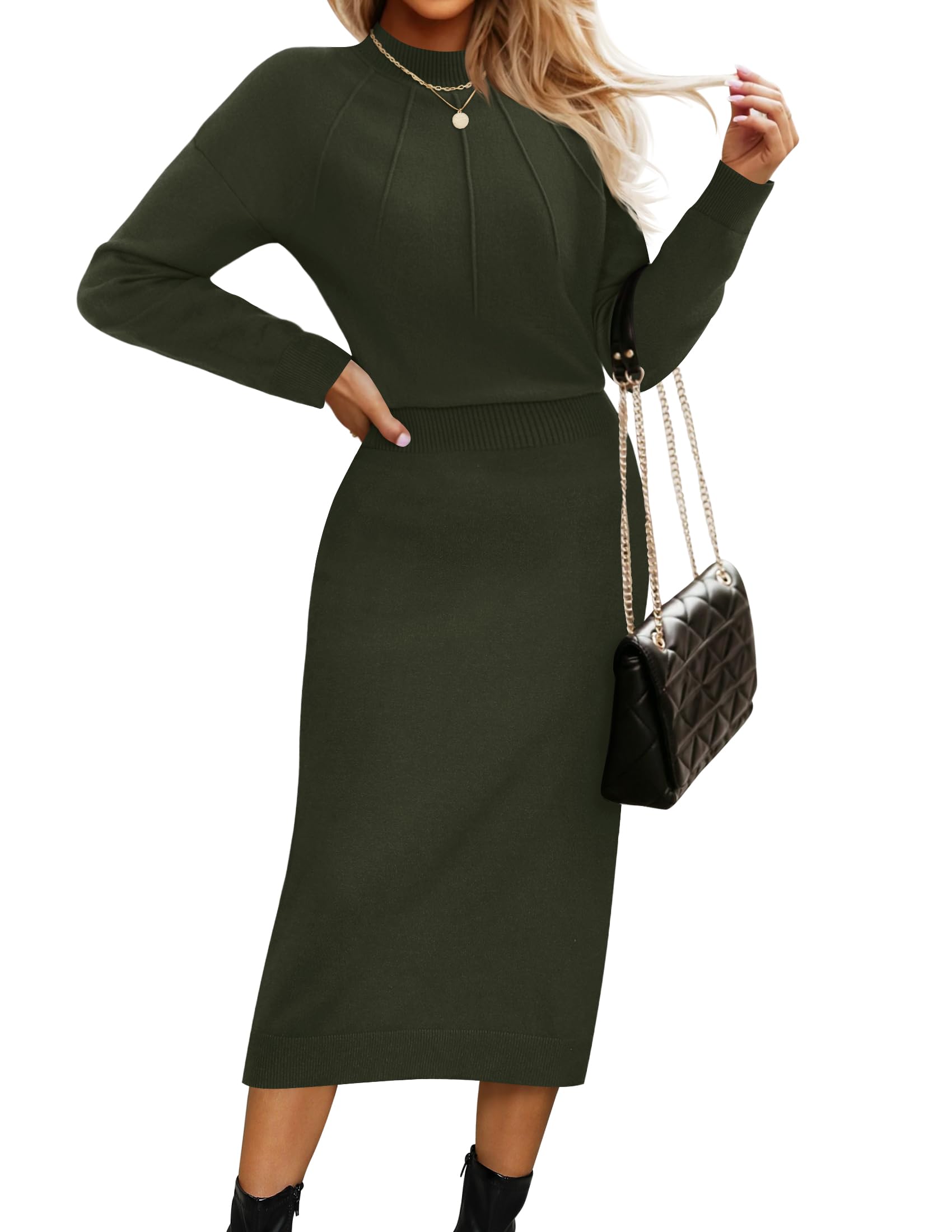Foto 2 pulgar | Vestido Tipo Suéter Mirol Para Mujer Con Cuello Alto 2024, Otoño, Verde Oscuro - Venta Internacional.