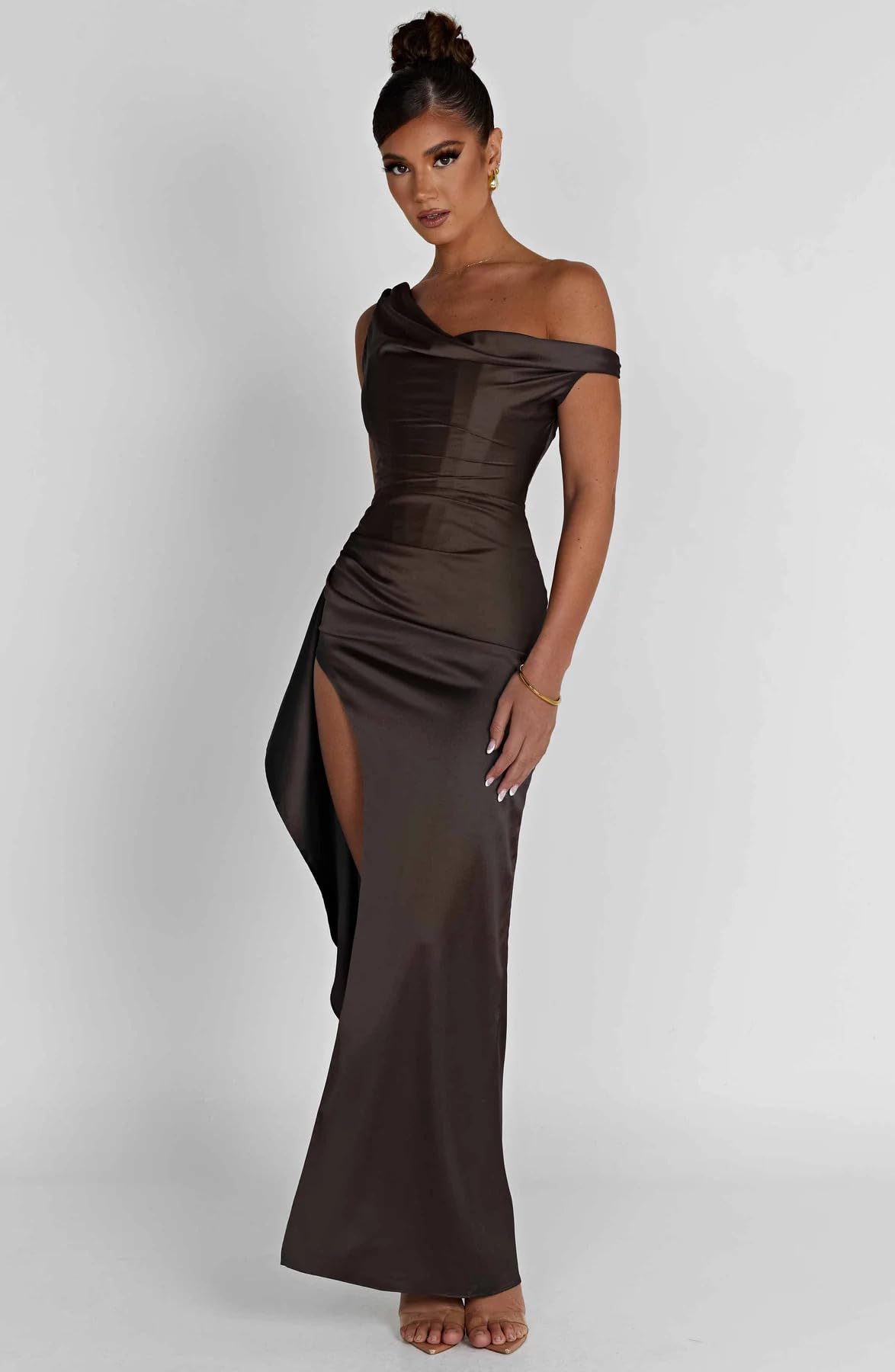 Foto 4 | Vestido Largo De Fiesta Lphirkut Con Diseño De Sirena Satinado, Color Carbón, Para Mujer - Venta Internacional.