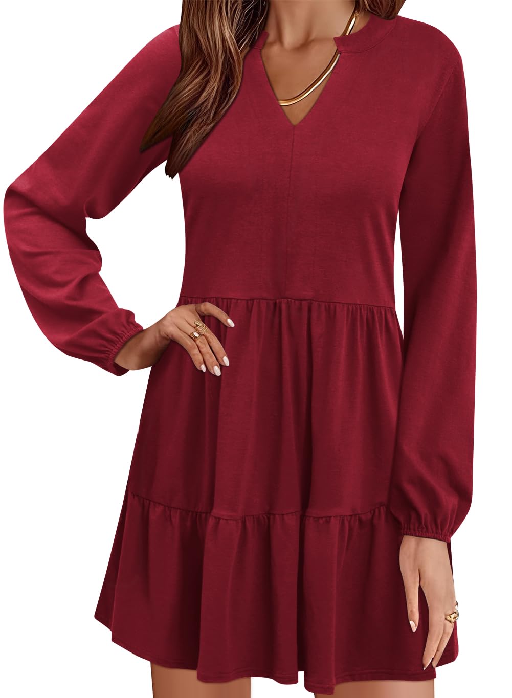 Foto 2 pulgar | Vestido Qacohu 2024 Con Cuello En V Y Volantes, Manga Larga, Rojo Vino Para Mujer - Venta Internacional.