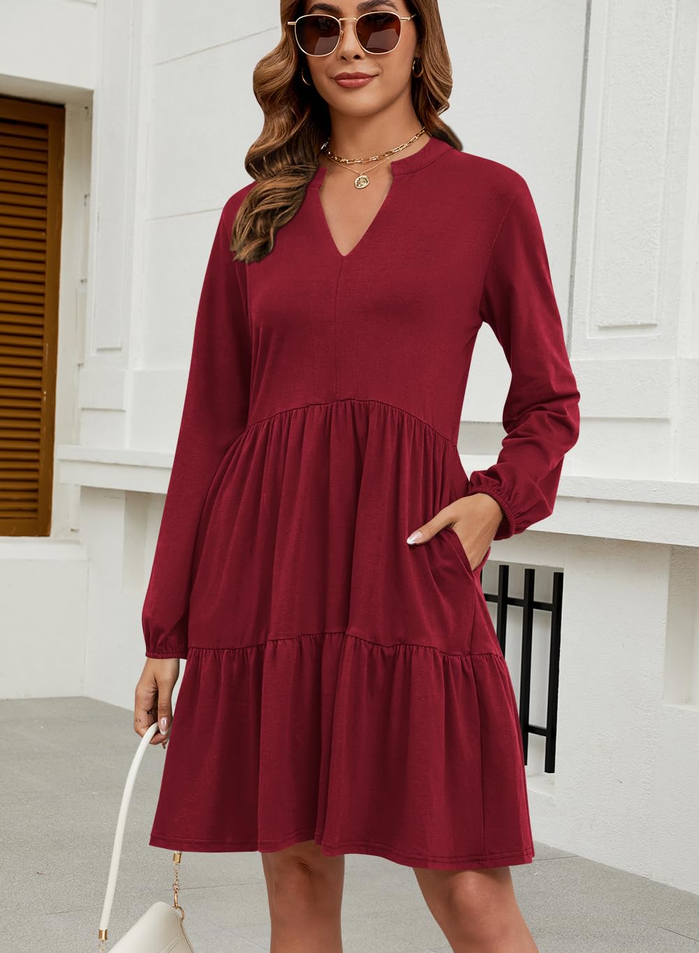 Foto 3 | Vestido Qacohu 2024 Con Cuello En V Y Volantes, Manga Larga, Rojo Vino Para Mujer - Venta Internacional.