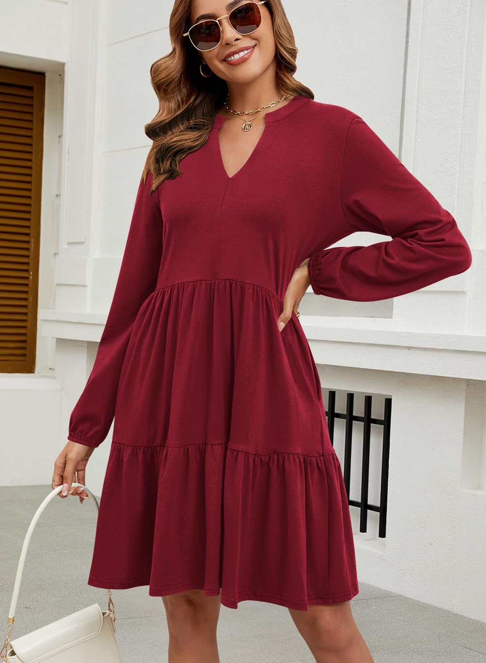 Foto 5 pulgar | Vestido Qacohu 2024 Con Cuello En V Y Volantes, Manga Larga, Rojo Vino Para Mujer - Venta Internacional.