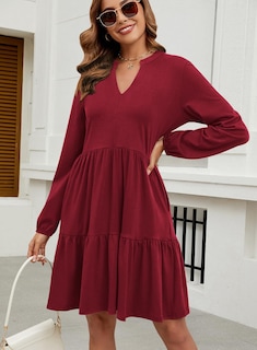 Foto 4 | Vestido Qacohu 2024 Con Cuello En V Y Volantes, Manga Larga, Rojo Vino Para Mujer - Venta Internacional.