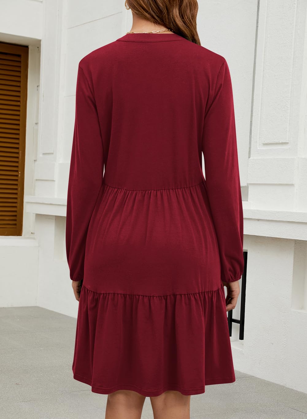 Foto 6 pulgar | Vestido Qacohu 2024 Con Cuello En V Y Volantes, Manga Larga, Rojo Vino Para Mujer - Venta Internacional.