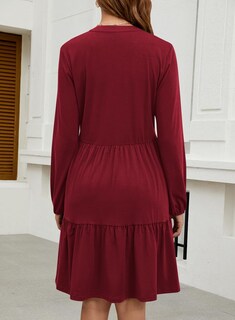 Foto 5 | Vestido Qacohu 2024 Con Cuello En V Y Volantes, Manga Larga, Rojo Vino Para Mujer - Venta Internacional.