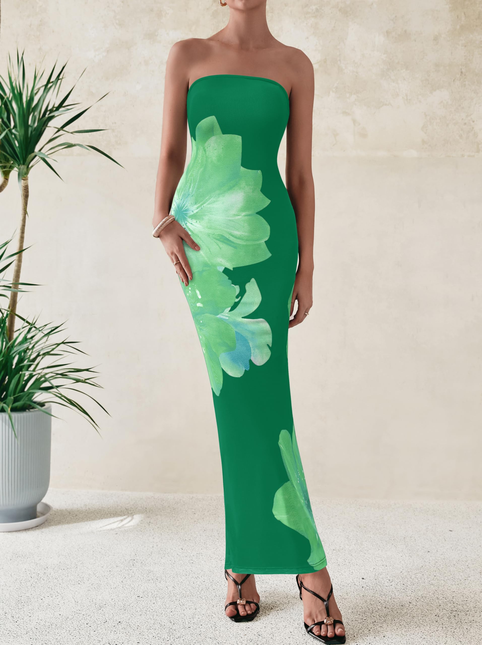 Foto 2 | Vestido Largo Prettygarden Para Mujer, Sin Tirantes, Floral, Verde, Xl - Venta Internacional.